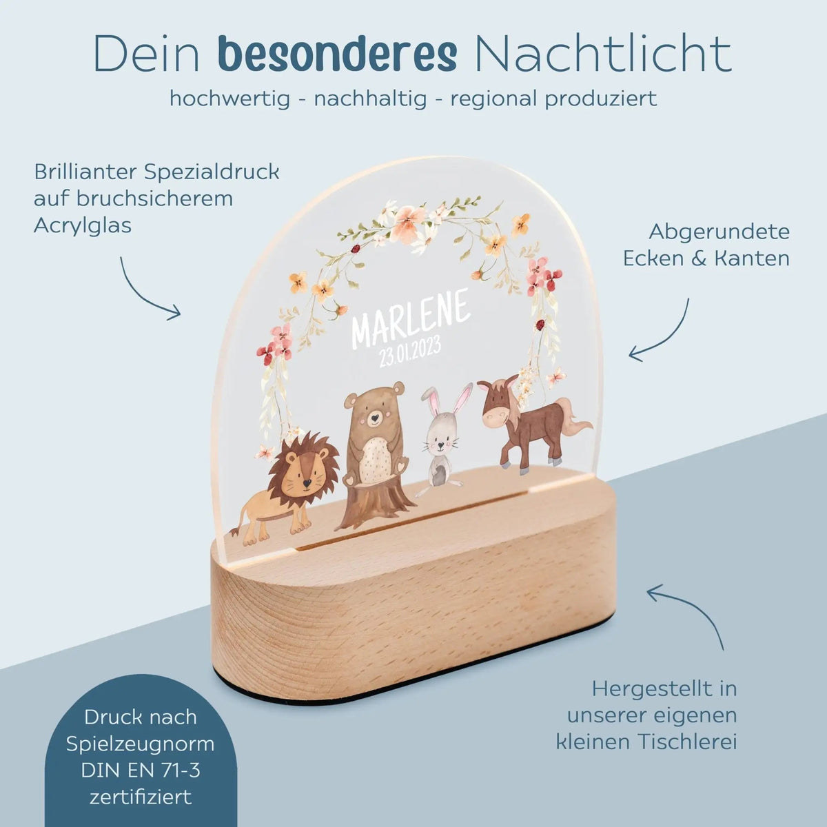 LED Nachtlicht Kinder personalisiert - Tiere Blumenkreis rosa Aquarell - wunderwunsch