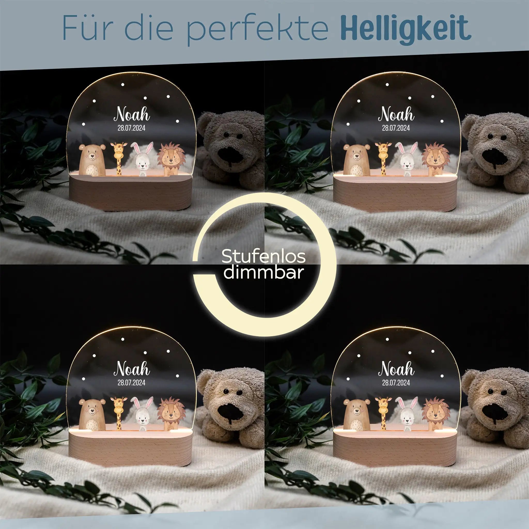 LED Nachtlicht Kinder personalisiert - verschiedene Schriftarten - Tiere unten - wunderwunsch