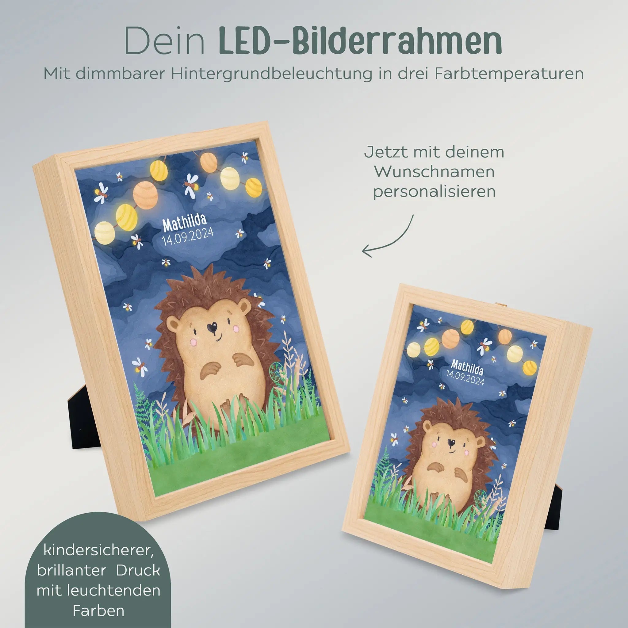 Magischer LED Bilderrahmen - Igel Glühwürmchen - wunderwunsch