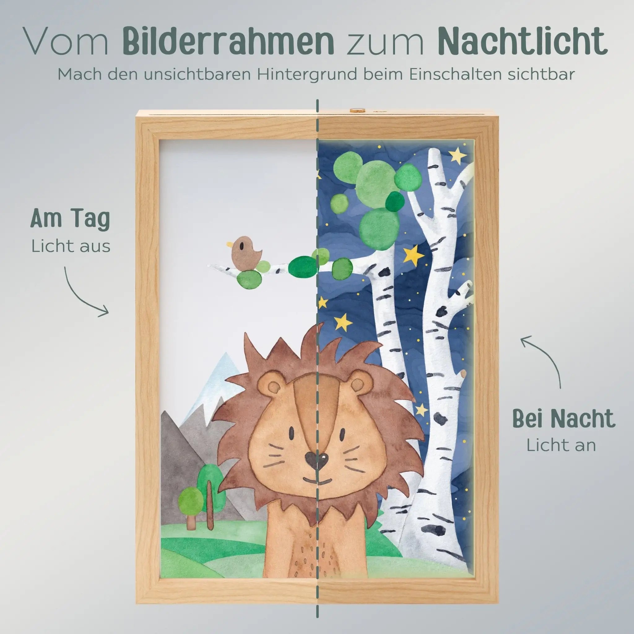 Magischer LED Bilderrahmen - Löwe Birkenwald - wunderwunsch