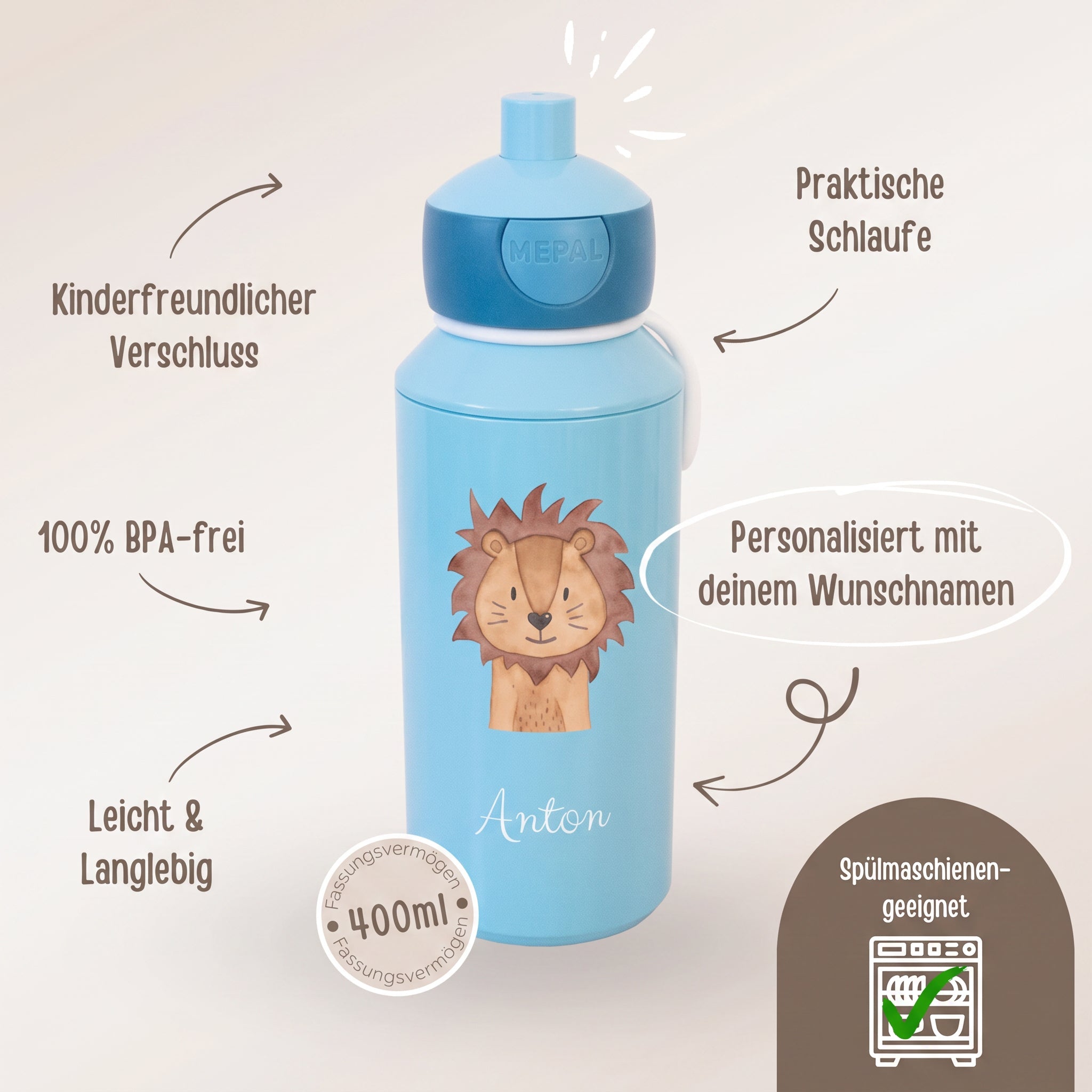 MEPAL Kinder Trinkflasche Campus personalisiert - Tier Aquarell - wunderwunsch
