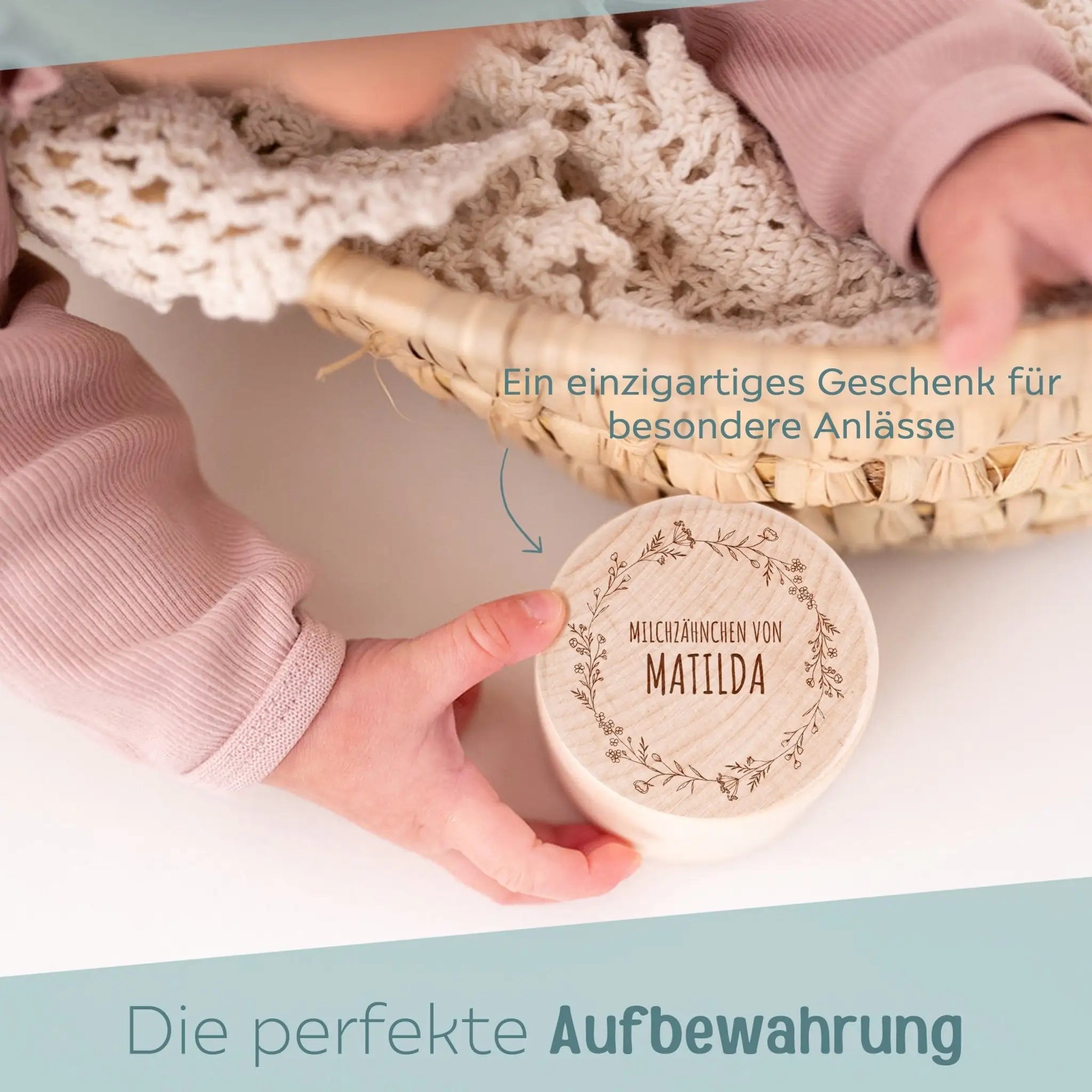 Milchzahndose Holz personalisiert - Blumenkranz - wunderwunsch
