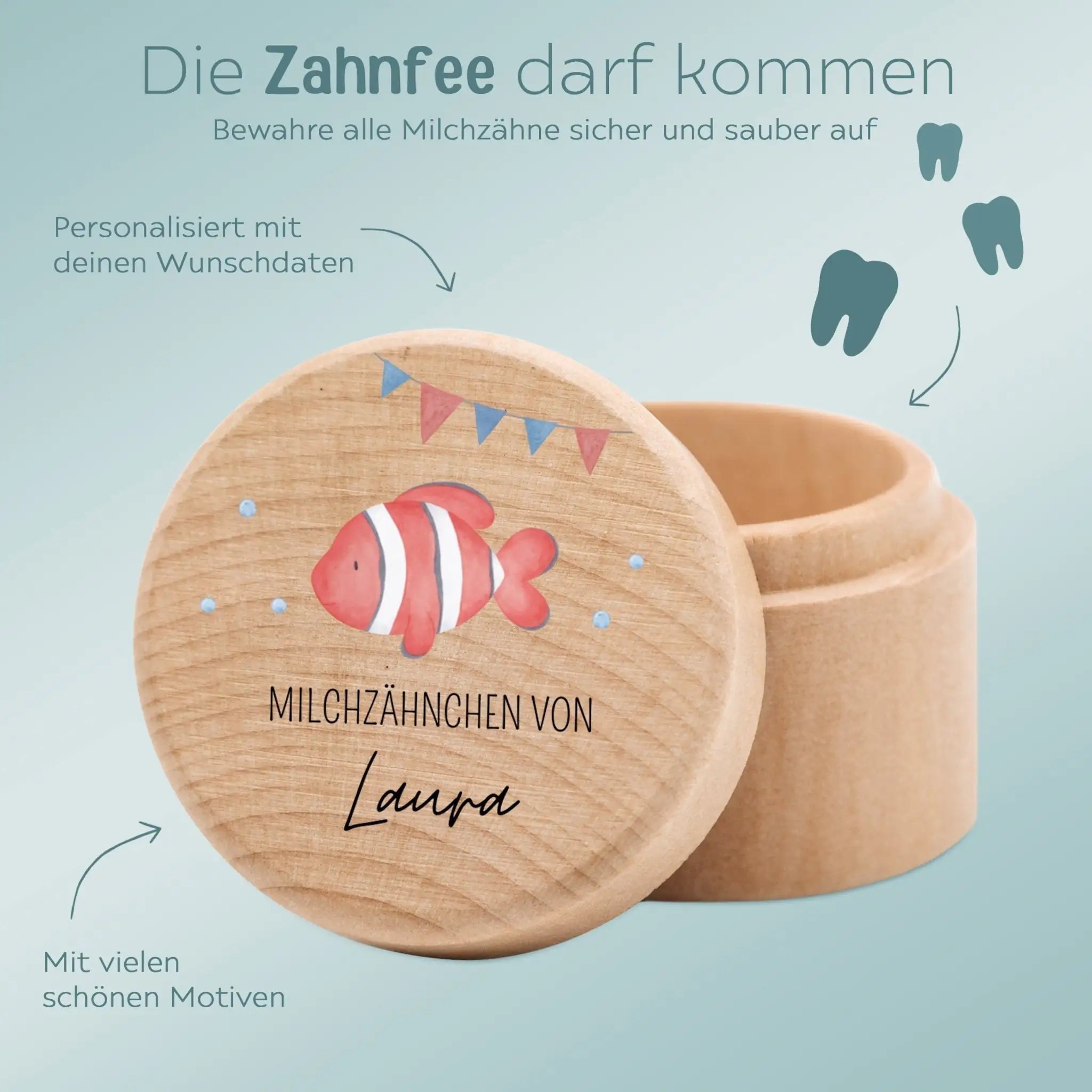 Milchzahndose Holz personalisiert - Meerestiere Aquarell - wunderwunsch