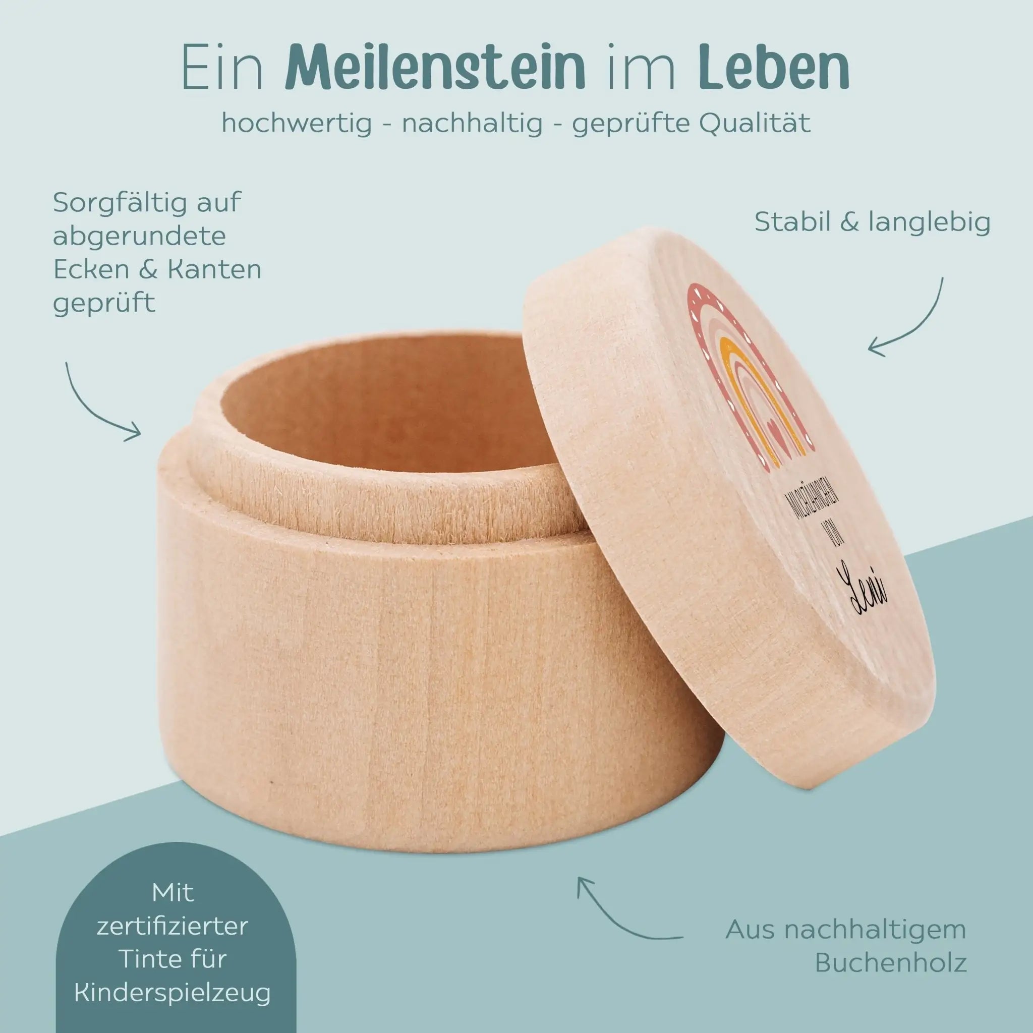 Milchzahndose Holz personalisiert - Regenbogen Boho Aquarell - wunderwunsch