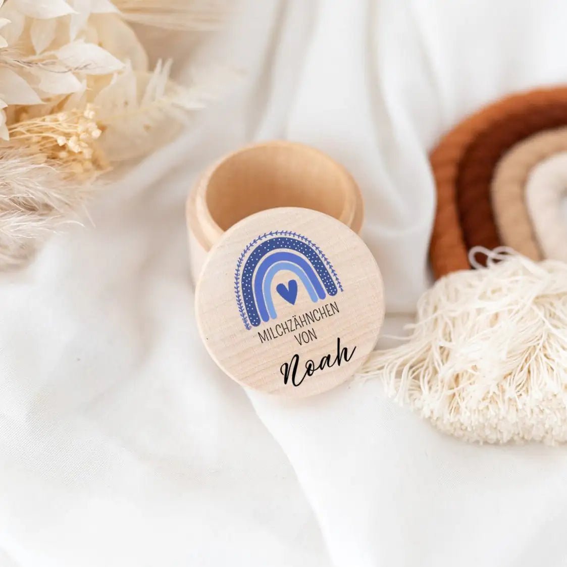 Milchzahndose Holz personalisiert - Regenbogen Boho Aquarell - wunderwunsch