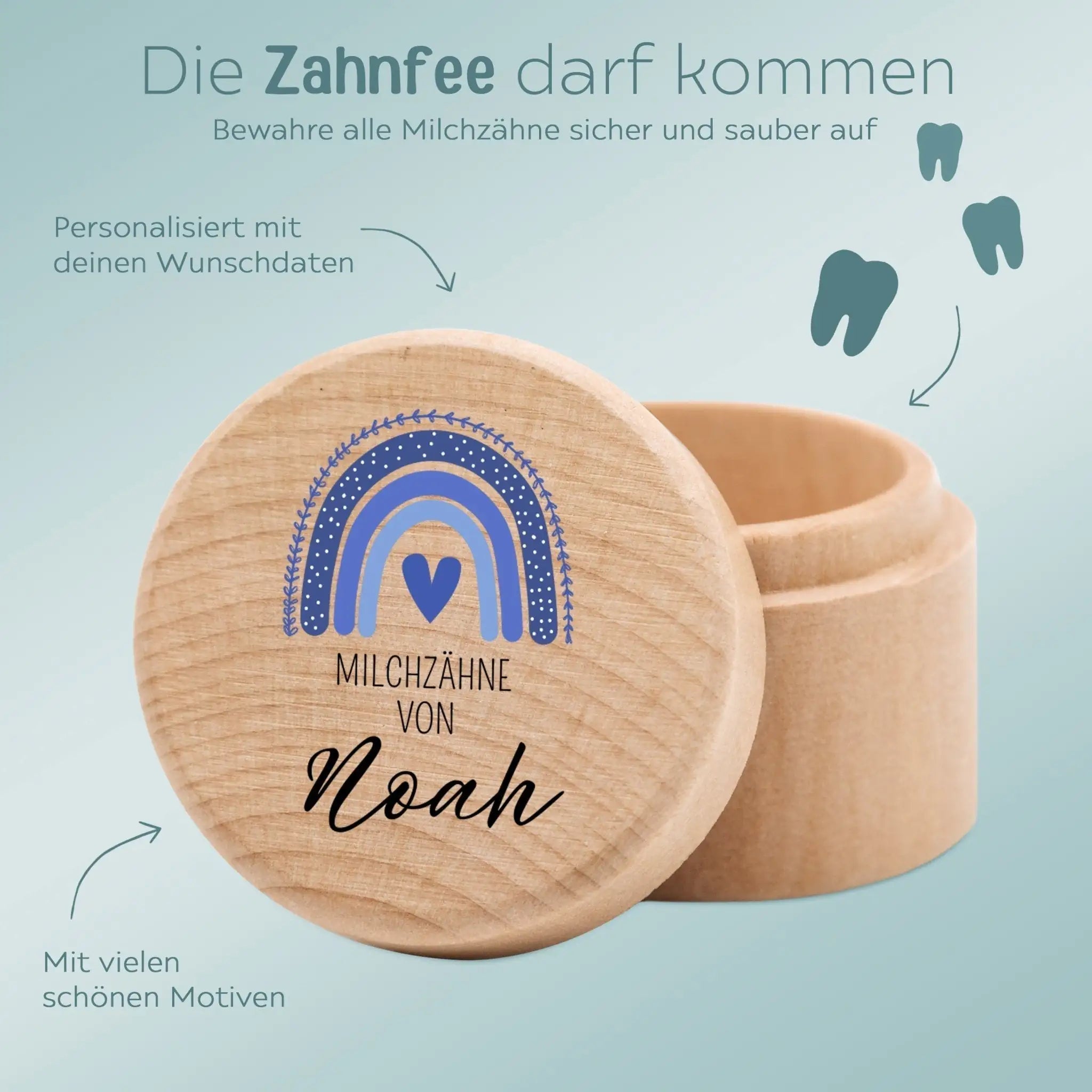 Milchzahndose Holz personalisiert - Regenbogen Boho Aquarell - wunderwunsch
