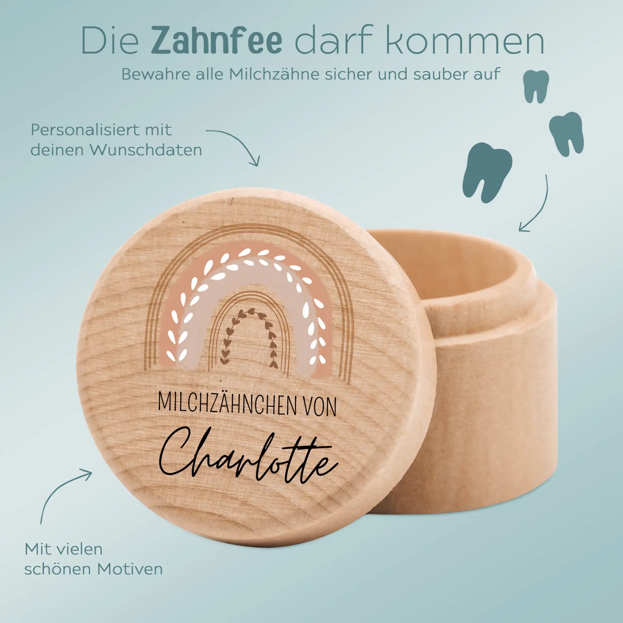 Milchzahndose Holz personalisiert - Regenbogen Boho pastell Aquarell - wunderwunsch