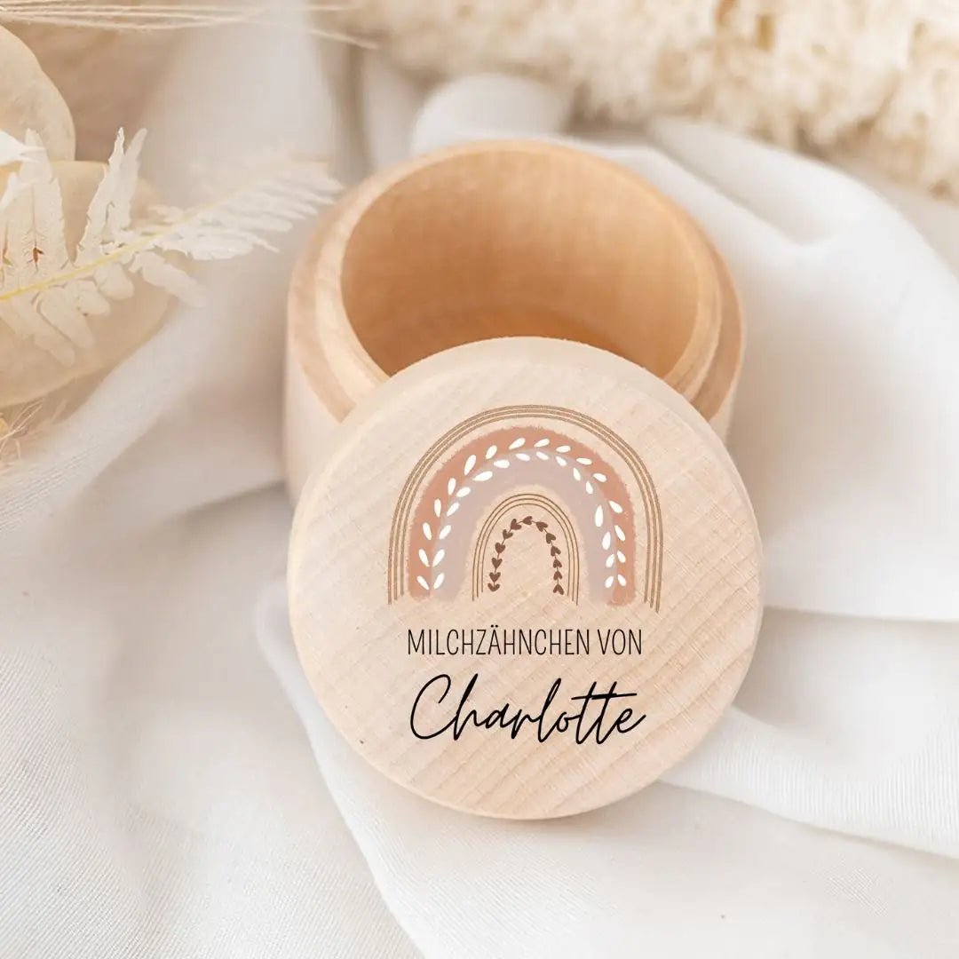 Milchzahndose Holz personalisiert - Regenbogen Boho pastell Aquarell - wunderwunsch