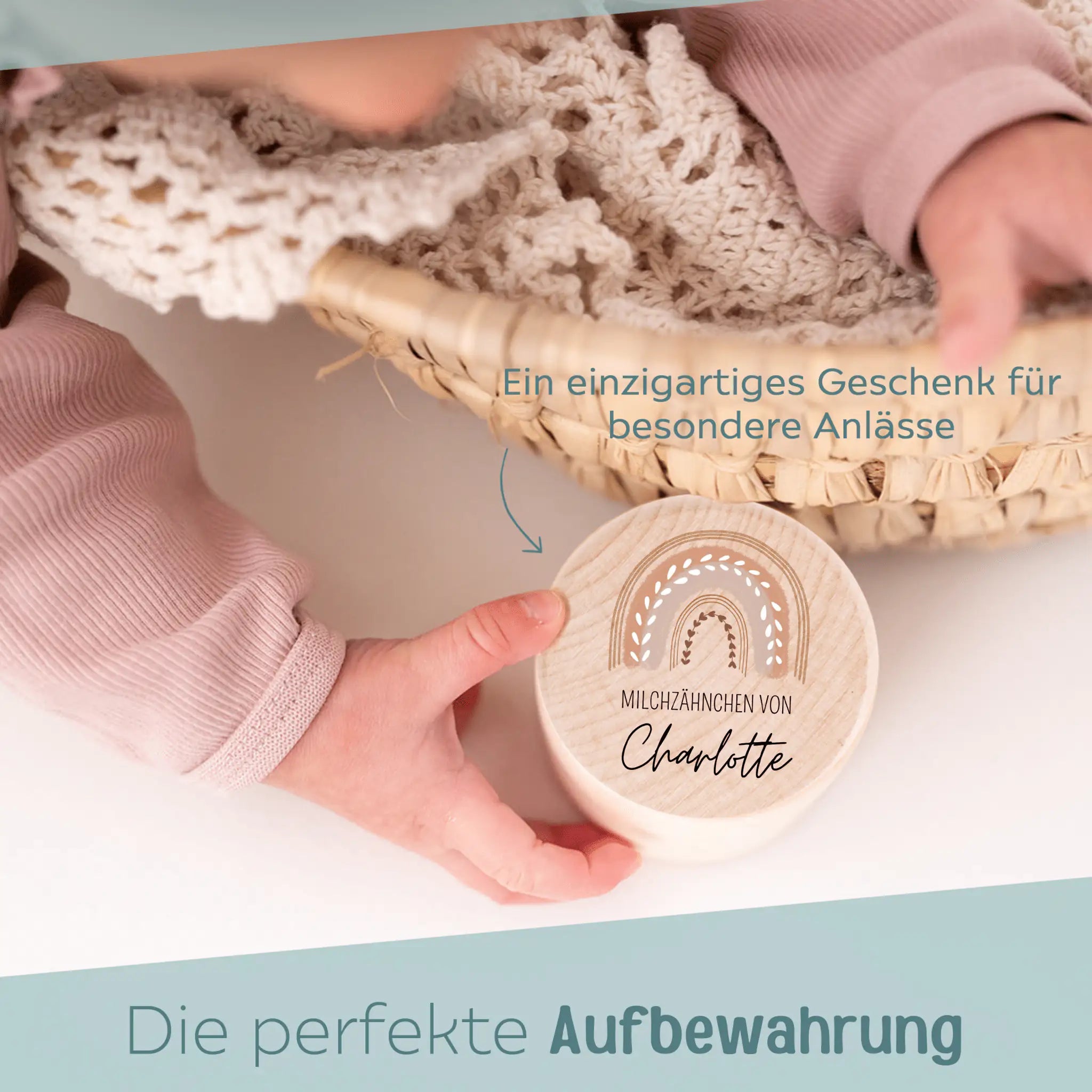 Milchzahndose Holz personalisiert - Regenbogen Boho pastell Aquarell - wunderwunsch