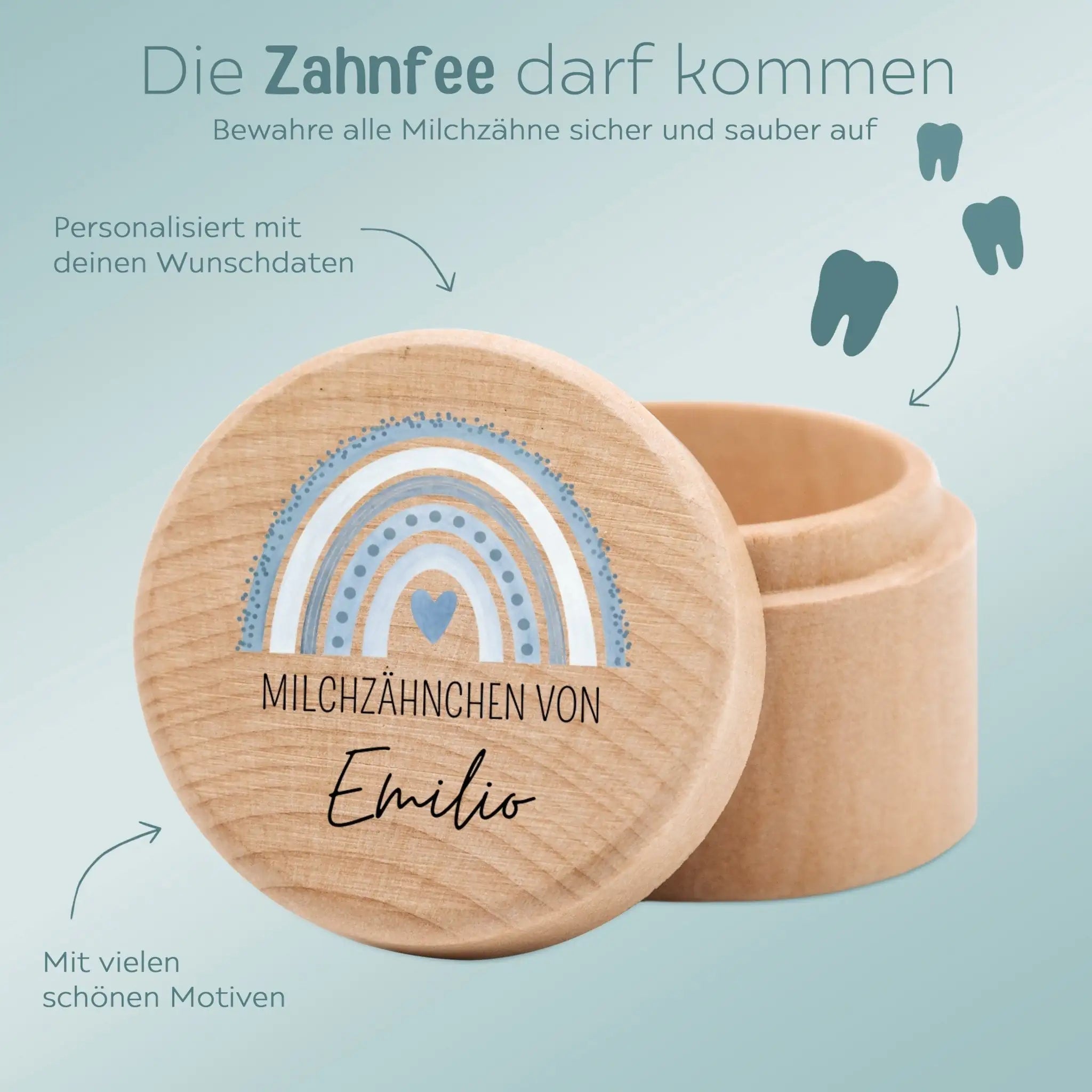 Milchzahndose Holz personalisiert - Regenbogen Punkte Aquarell - wunderwunsch