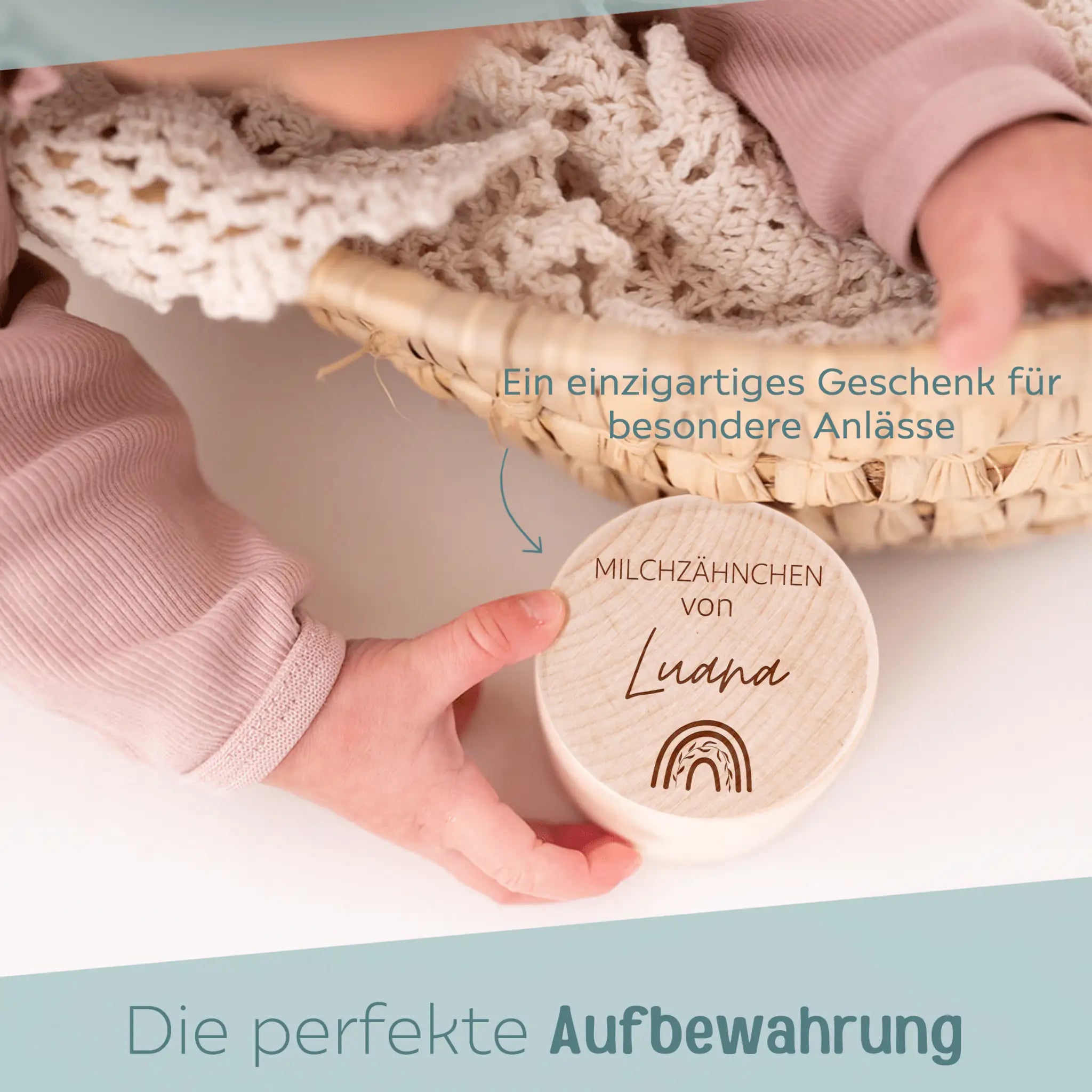 Milchzahndose Holz personalisiert - Regenbogen, Zahn, Zweig Gravur - wunderwunsch