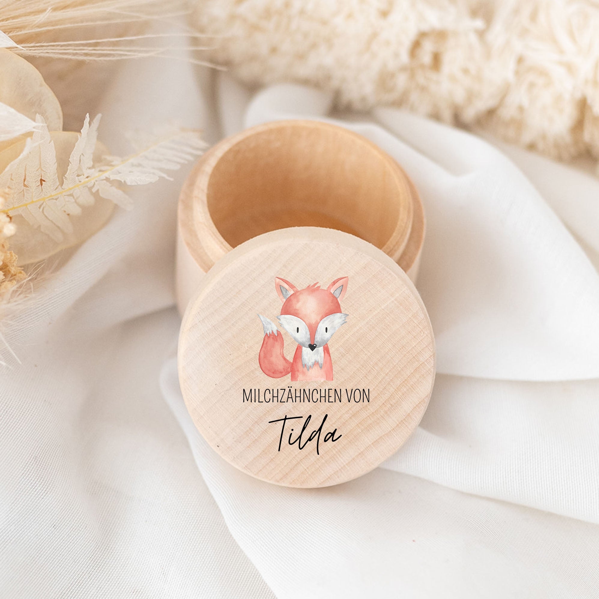 Milchzahndose Holz personalisiert - Tier Aquarell - wunderwunsch