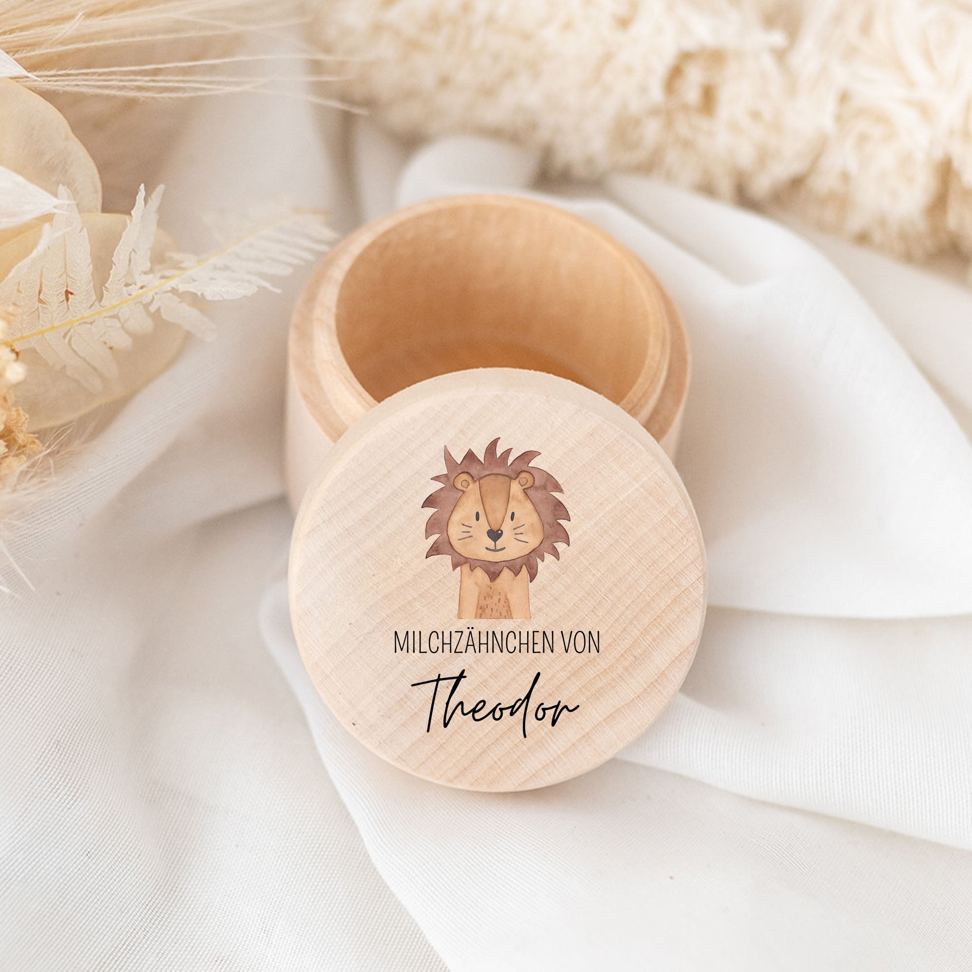 Milchzahndose Holz personalisiert - Tier Aquarell - wunderwunsch