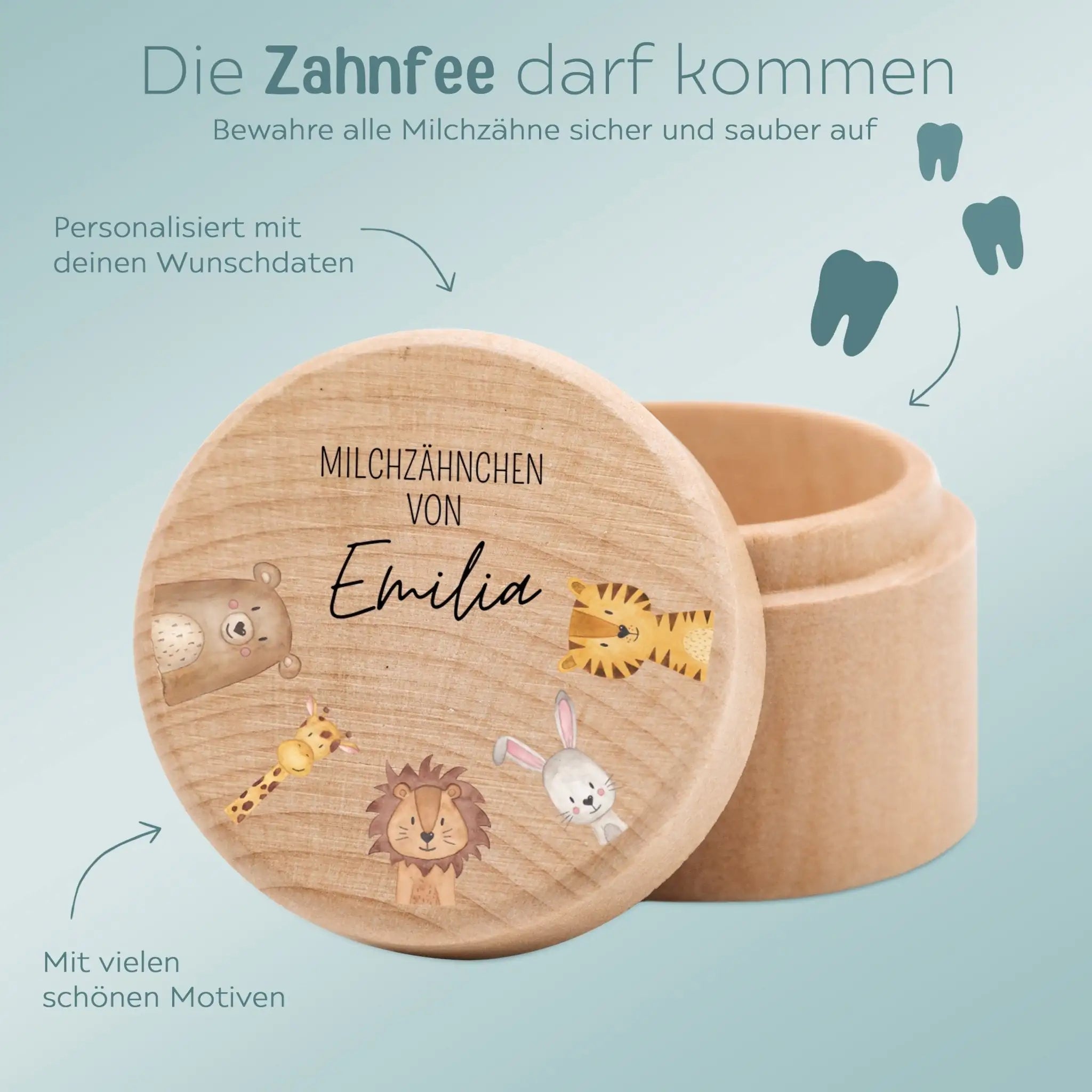 Milchzahndose Holz personalisiert - Tiere und Dinos Aquarell - wunderwunsch