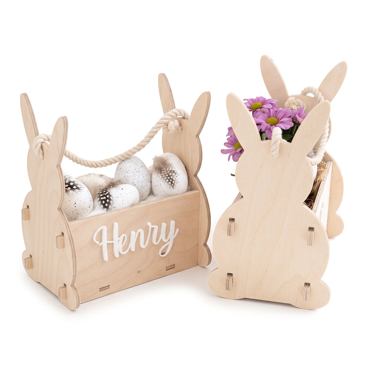 Osterhasen-Korb aus Holz mit Acrylname personalisiert - wunderwunsch