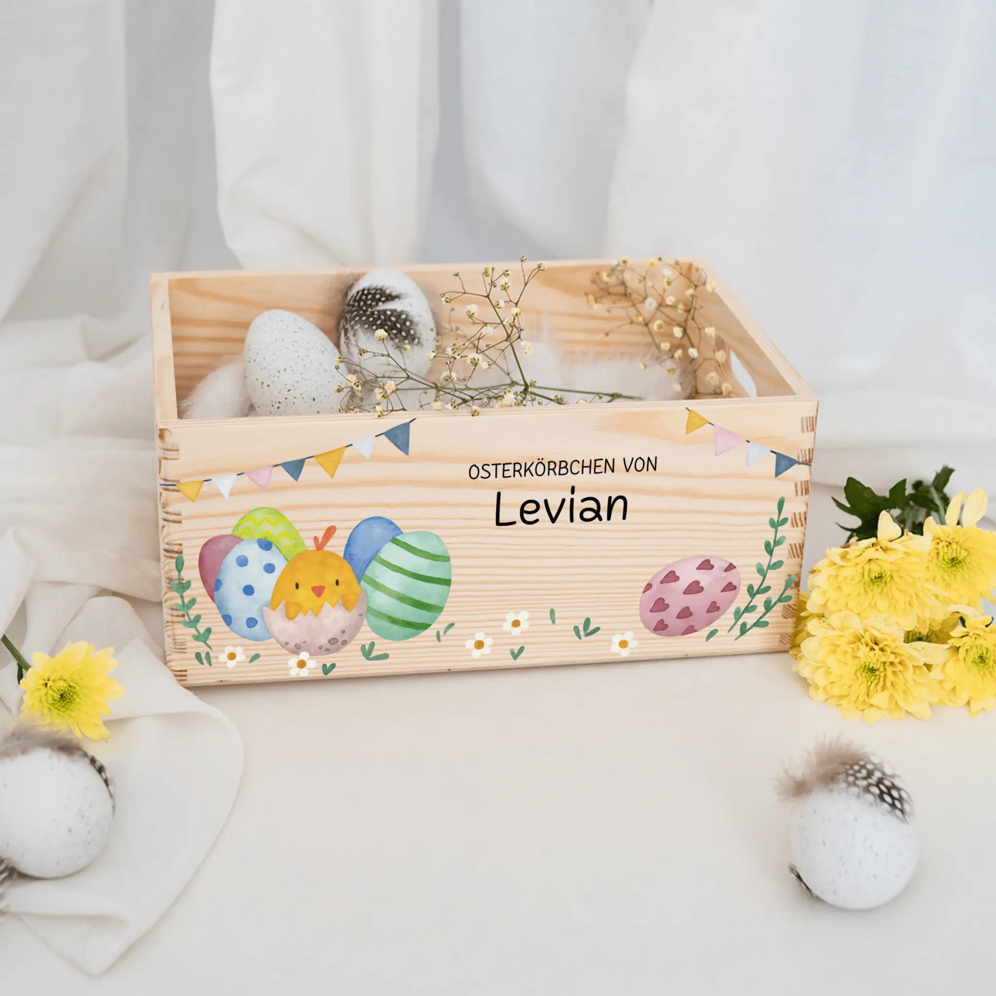 Osterkiste Holz personalisiert Osterhase und Eiersuche Aquarell - wunderwunsch