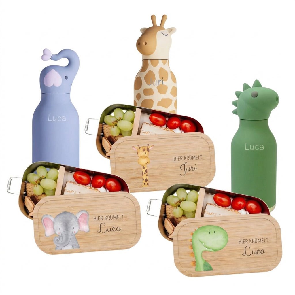 Pausen Bundle - Brotdose + ASOBU Bestie Tier Trinkflasche personalisiert - wunderwunsch