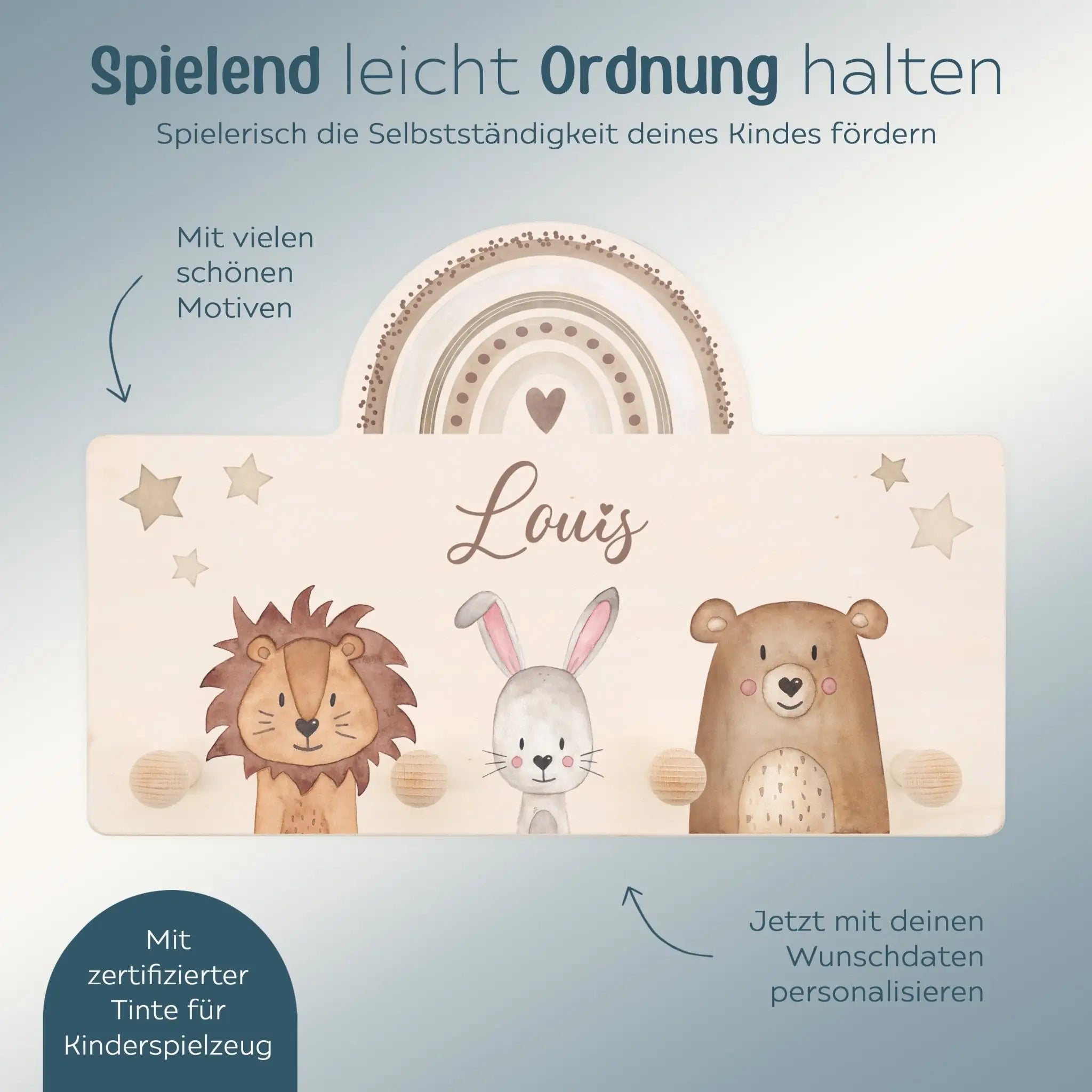 Regenbogen Kindergarderobe personalisiert - Tiere Regenbogen Aquarell - wunderwunsch