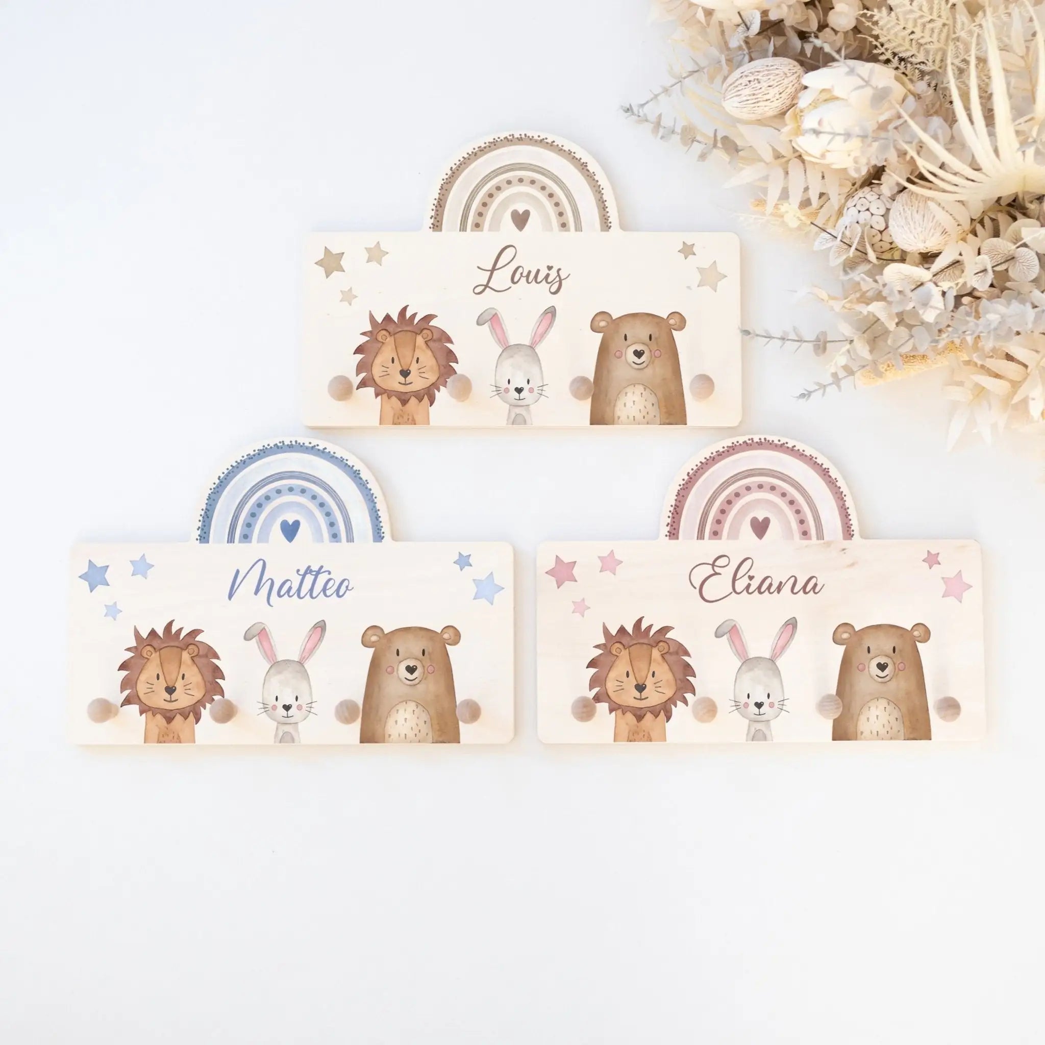 Regenbogen Kindergarderobe personalisiert - Tiere Regenbogen Aquarell - wunderwunsch