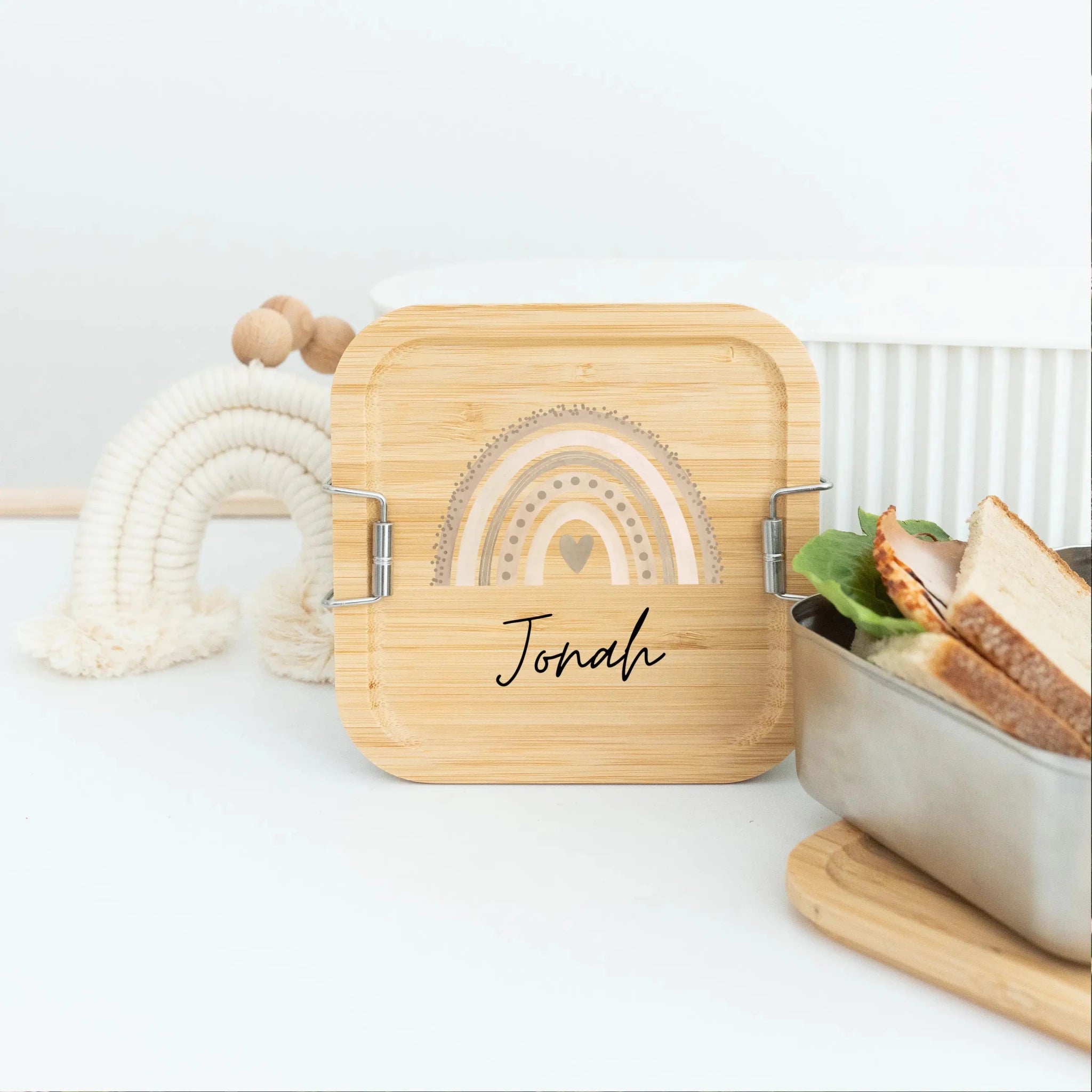 Sandwichbox Quadratische Brotdose Edelstahl personalisiert - Regenbogen Aquarell - wunderwunsch