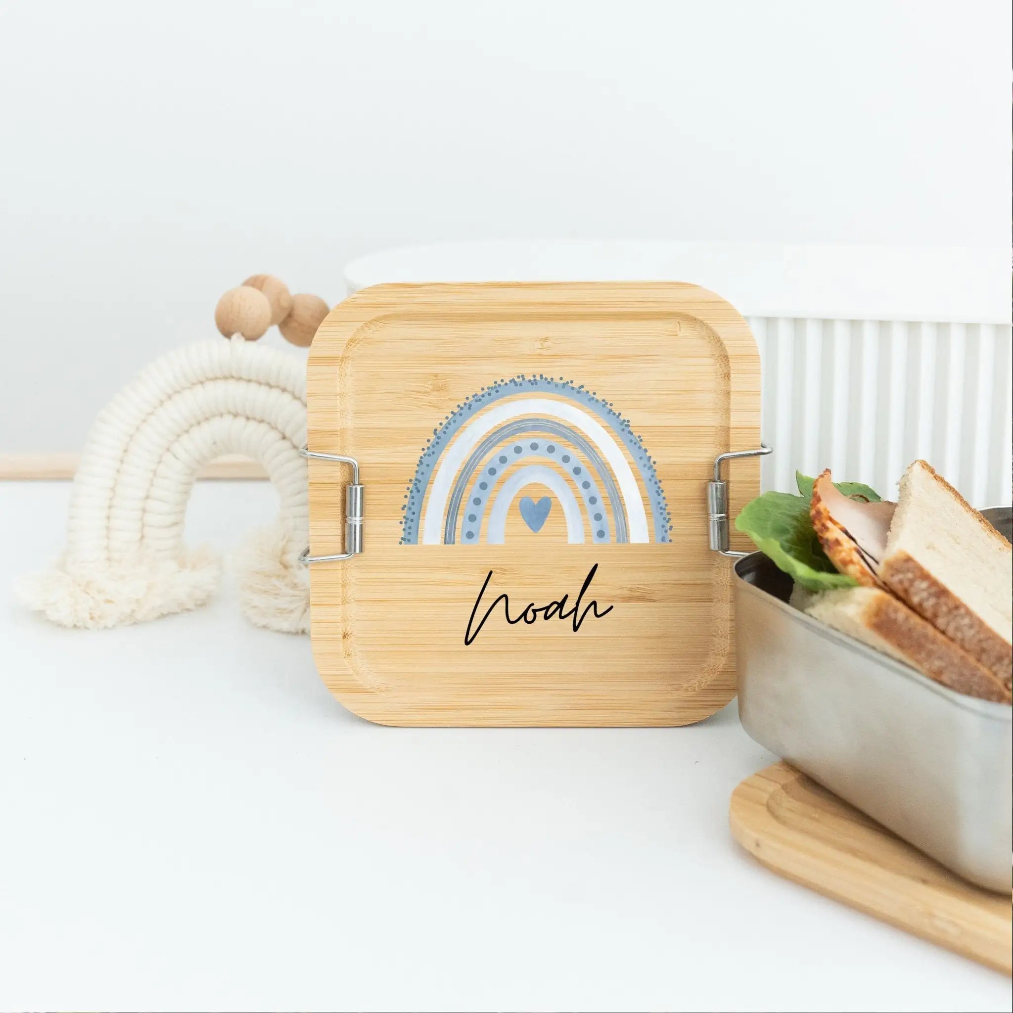 Sandwichbox Quadratische Brotdose Edelstahl personalisiert - Regenbogen Aquarell - wunderwunsch