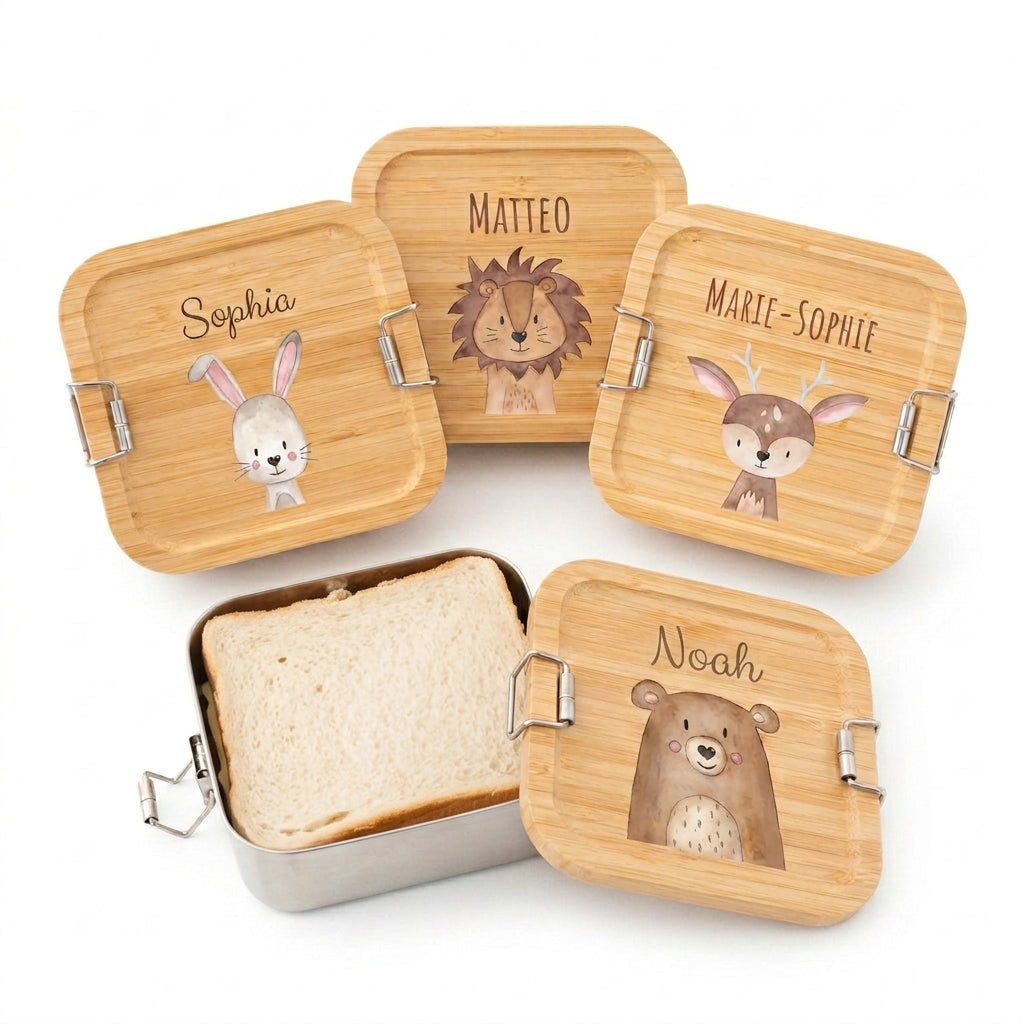 Sandwichbox Quadratische Brotdose Edelstahl personalisiert - Tier Aquarell - wunderwunsch