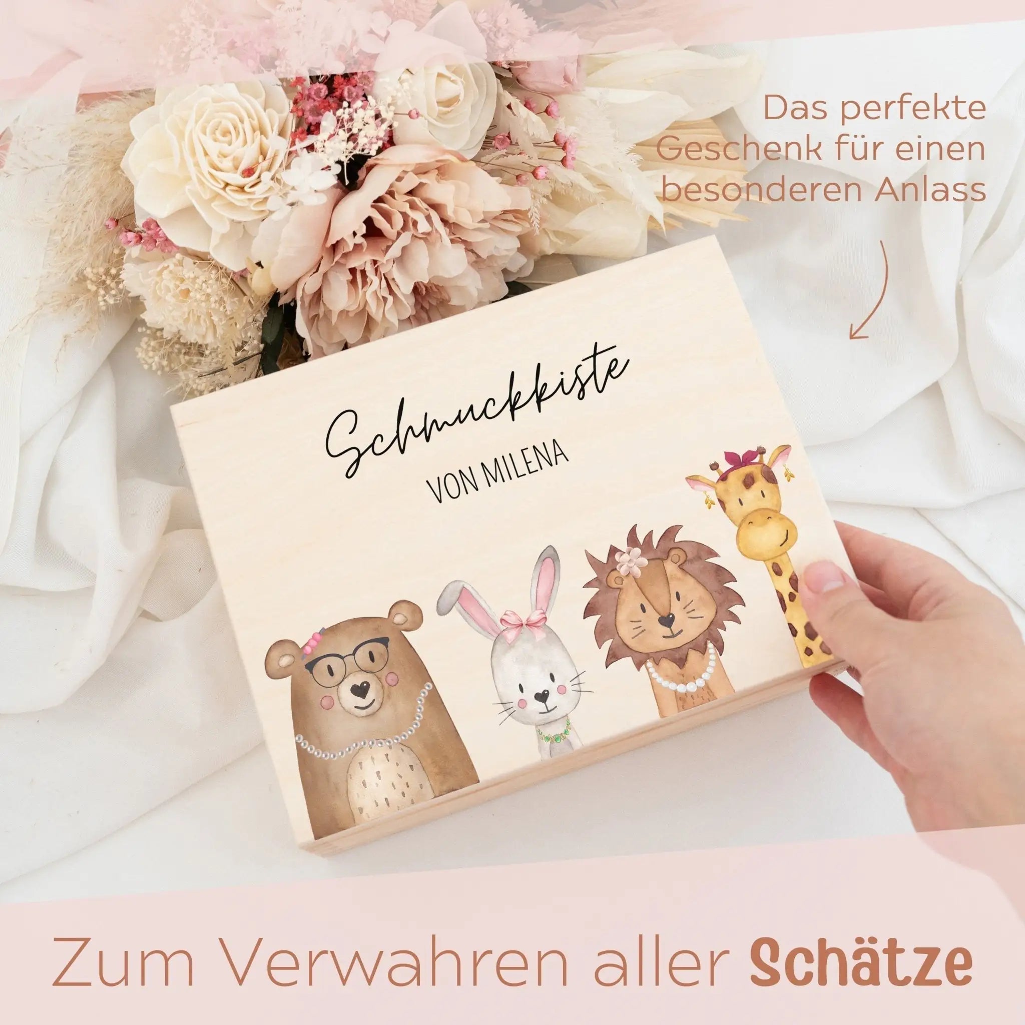 Schmuckkiste mit Spiegel aus Holz - Tiere mit Schmuck Aquarell - wunderwunsch