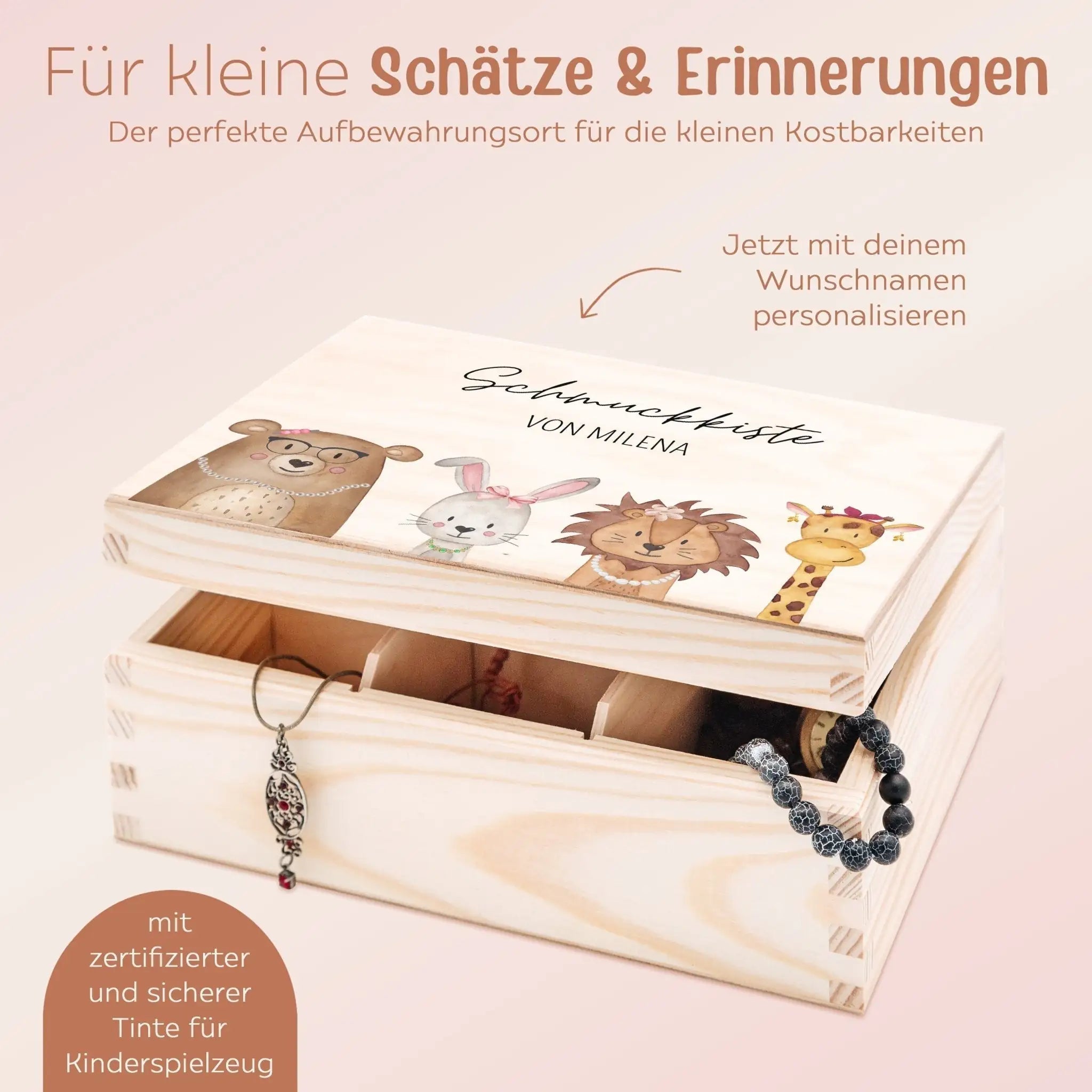Schmuckkiste mit Spiegel aus Holz - Tiere mit Schmuck Aquarell - wunderwunsch