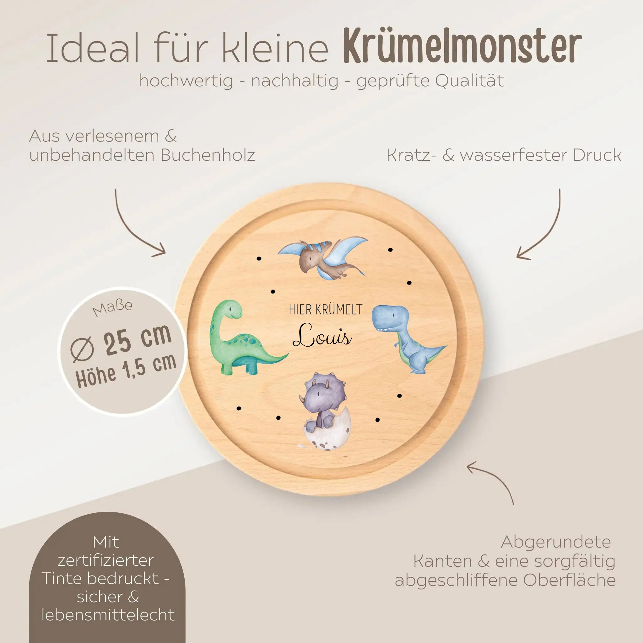 Schneidebrett Holz rund personalisiert - Dinosaurier Punkte Aquarell - wunderwunsch