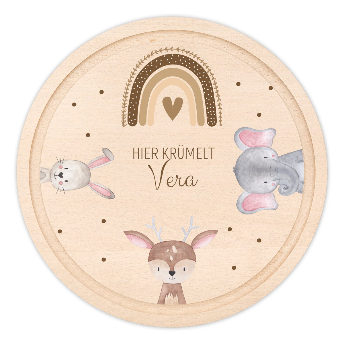 Schneidebrett Holz rund personalisiert - Hase Reh Elefant Regenbogen Aquarell - wunderwunsch