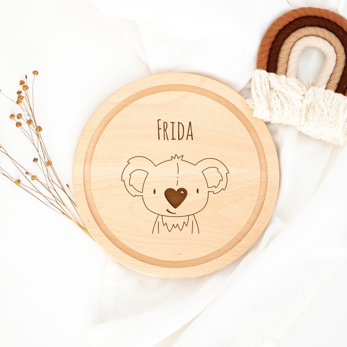 Schneidebrett Holz rund personalisiert - Tier Gravur - wunderwunsch