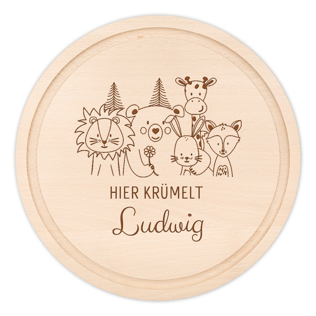 Schneidebrett Holz rund personalisiert - Tierfamilie Blume Gravur - wunderwunsch