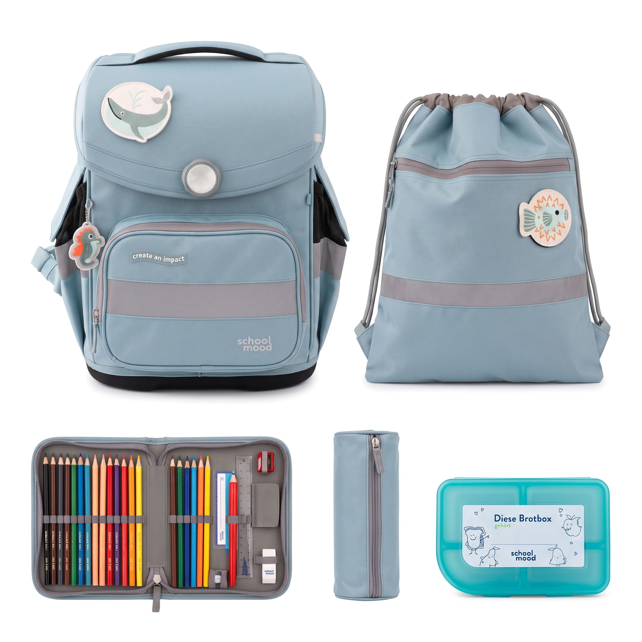 SCHOOL MOOD Schulranzen Set Ocean - Blau - wunderwunsch