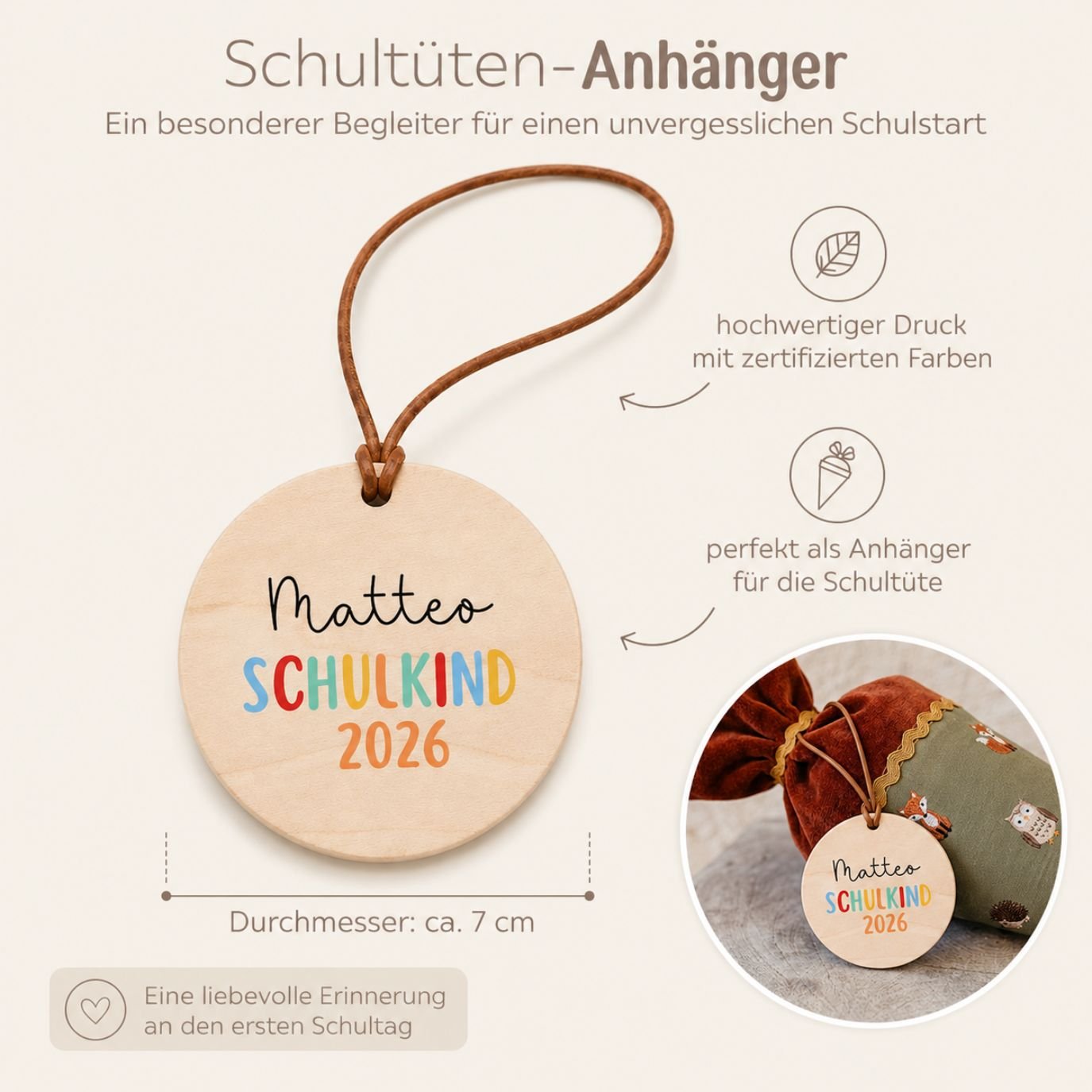 Schultütenanhänger personalisiert - Schulkind 2026 - wunderwunsch