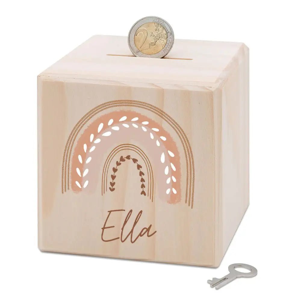 Spardose Holz personalisiert - Regenbogen Boho pastell Aquarell - wunderwunsch