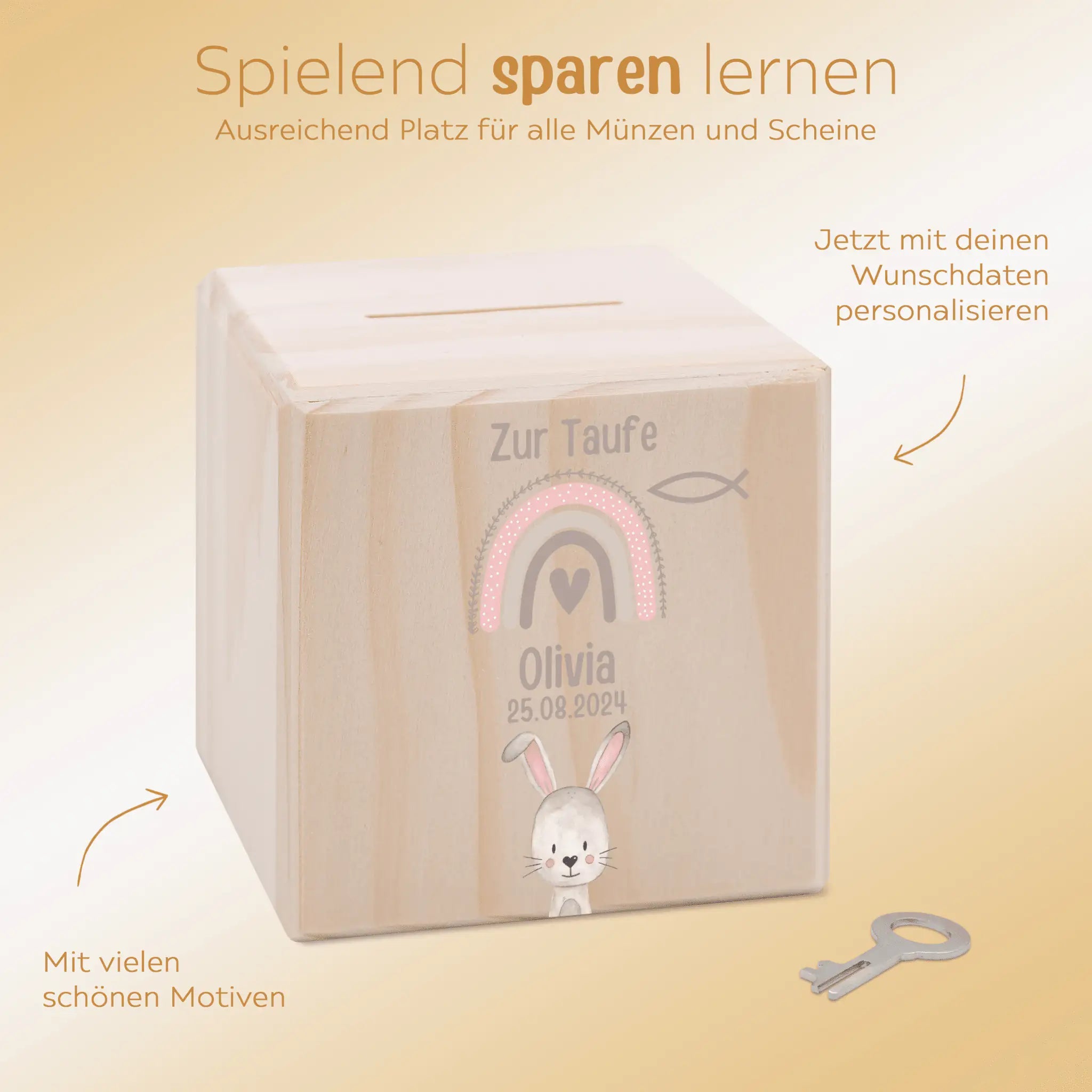 Spardose Holz personalisiert - Taufe Tier Aquarell - wunderwunsch