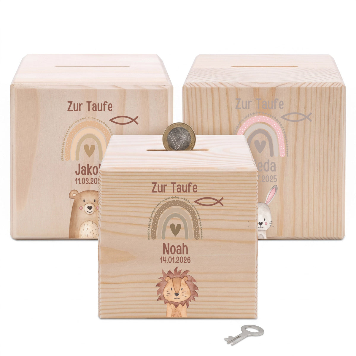 Spardose Holz personalisiert - Taufe Tier Aquarell - wunderwunsch