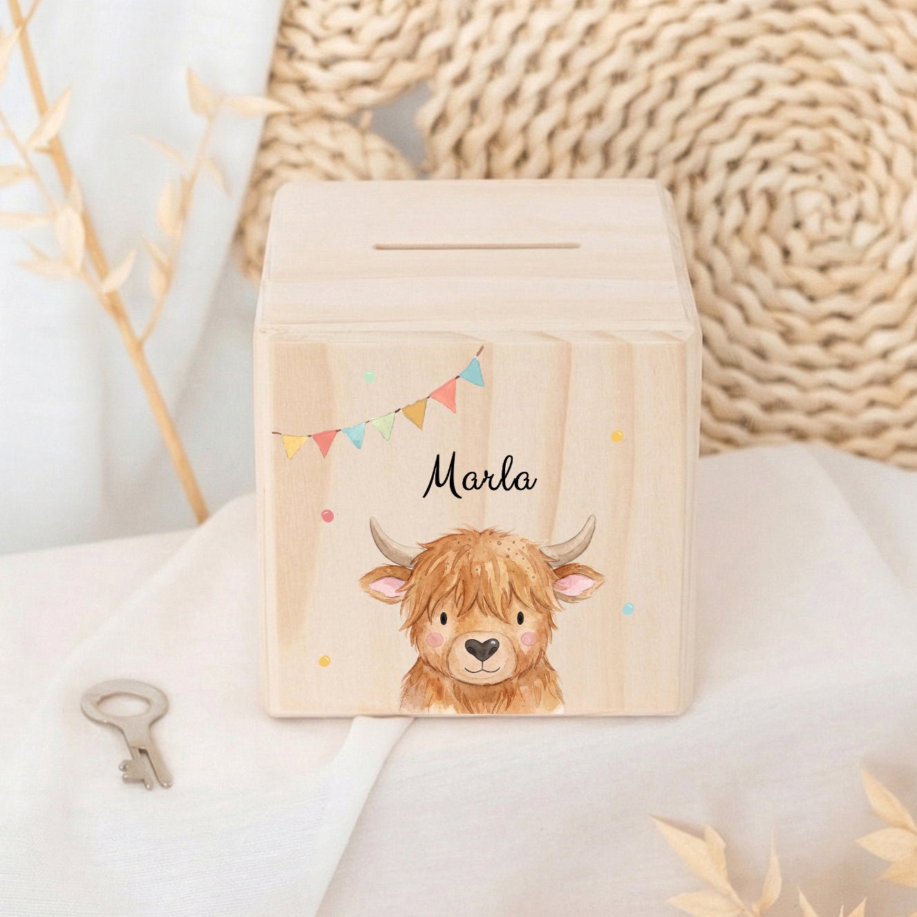 Spardose Holz personalisiert - Tier Girlande Aquarell - wunderwunsch