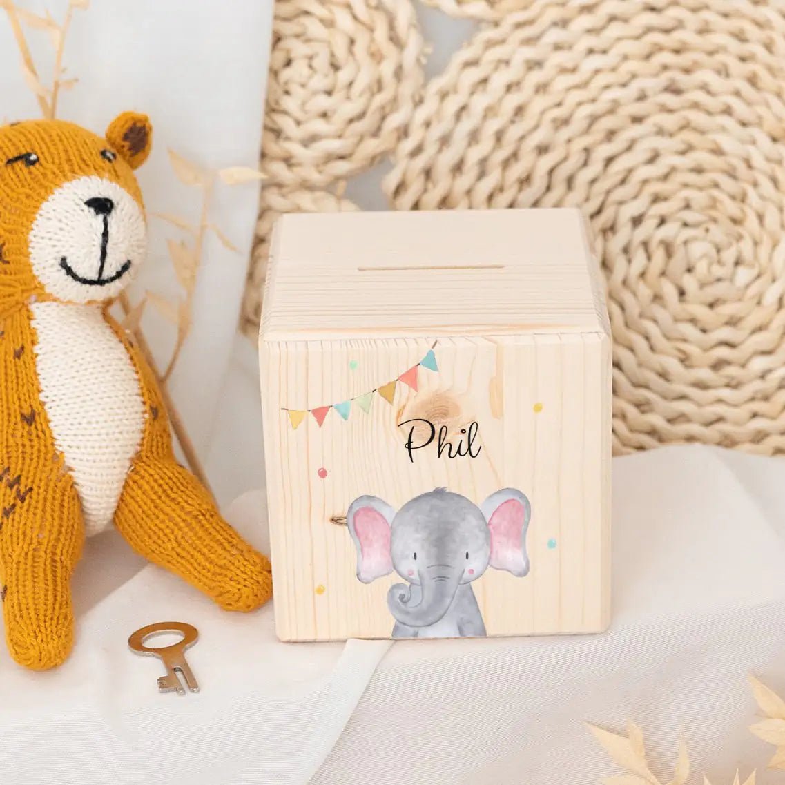 Spardose Holz personalisiert - Tier Girlande Aquarell - wunderwunsch