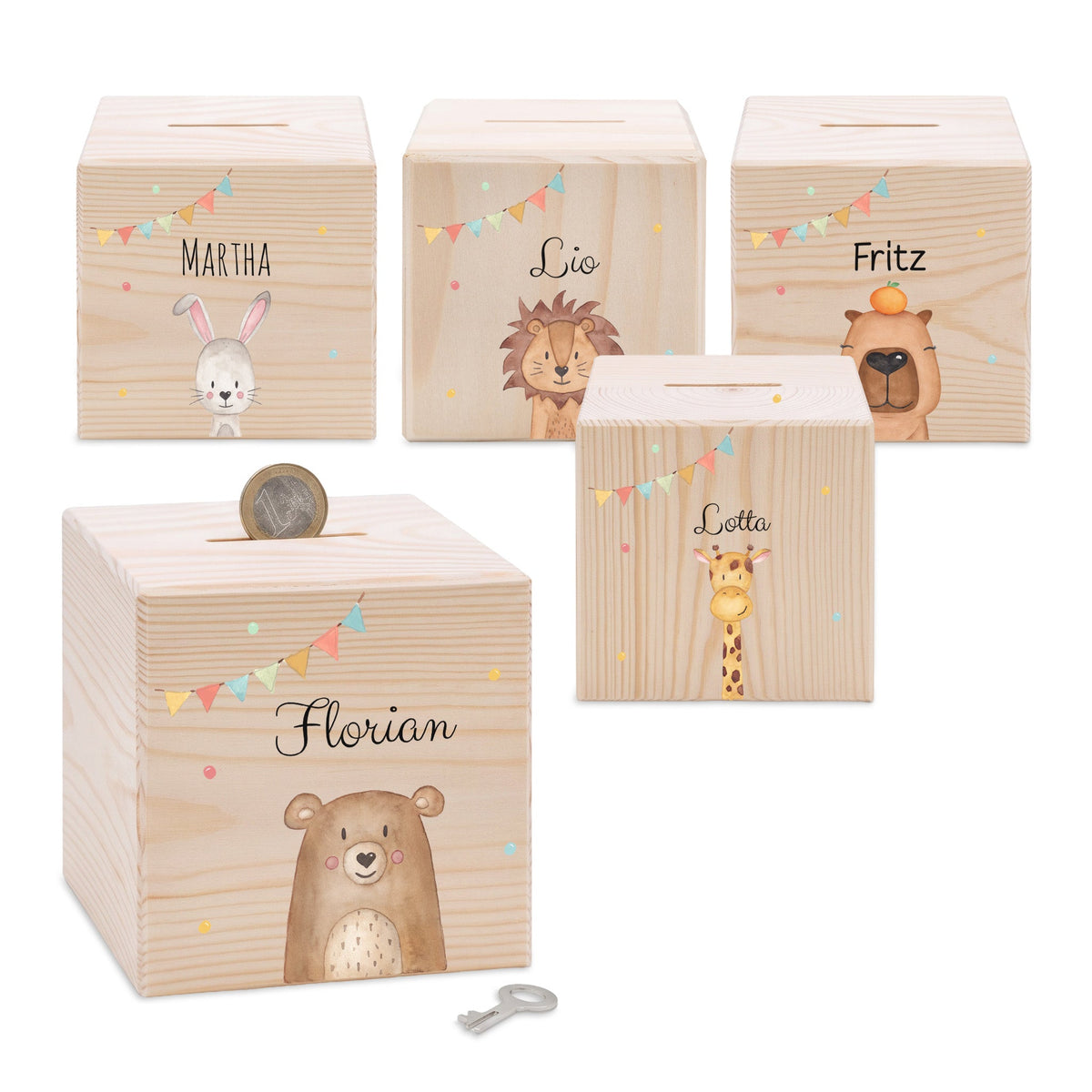 Spardose Holz personalisiert - Tier Girlande Aquarell - wunderwunsch