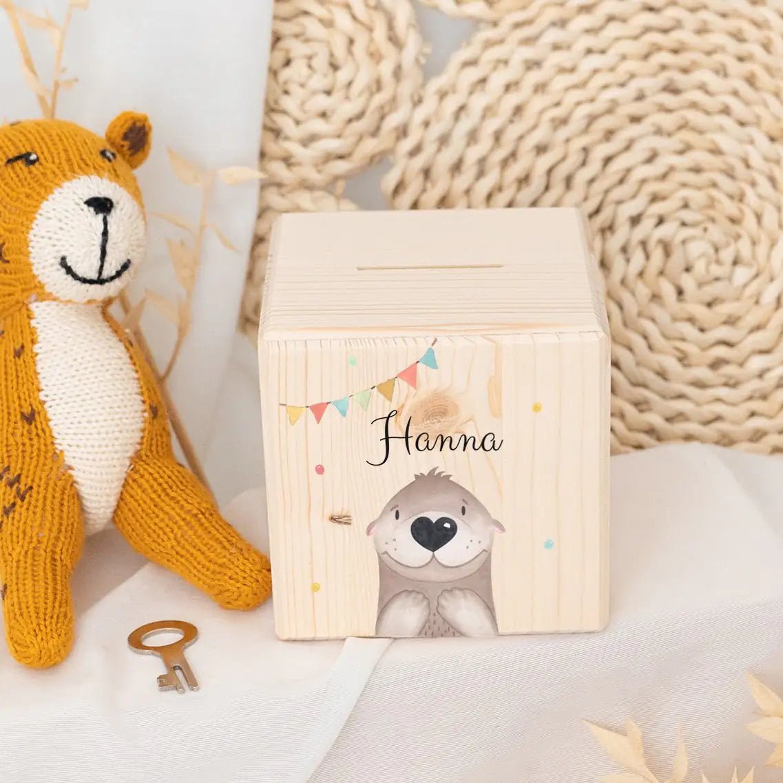 Spardose Holz personalisiert - Tier Girlande Aquarell - wunderwunsch