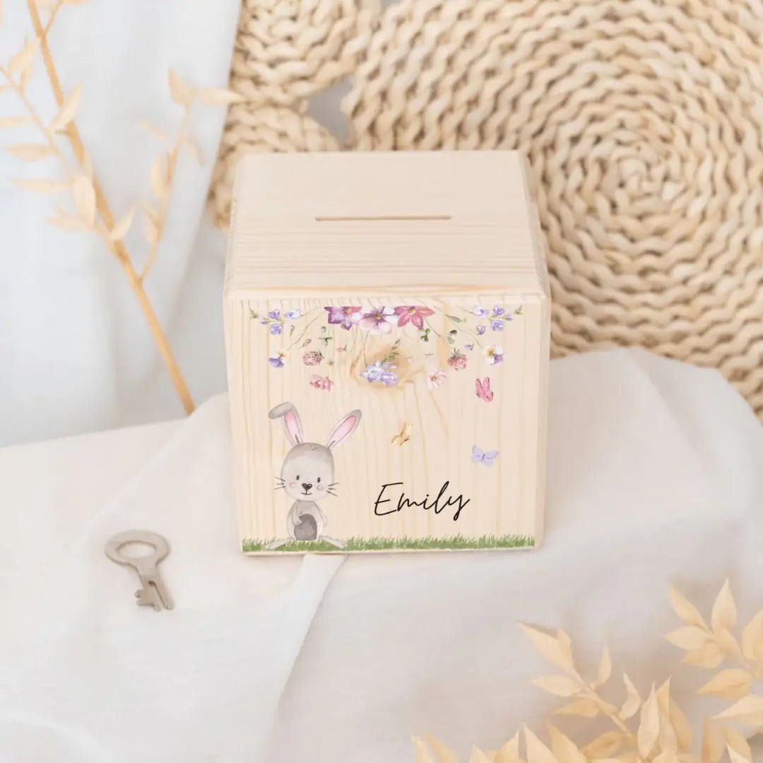 Spardose Holz personalisiert - Tierischer Gartenzauber Aquarell - wunderwunsch