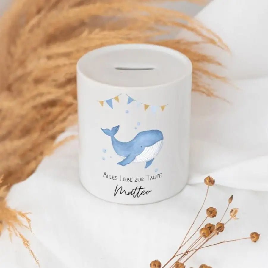 Spardose Keramik personalisiert - Taufe Wal Aquarell - wunderwunsch
