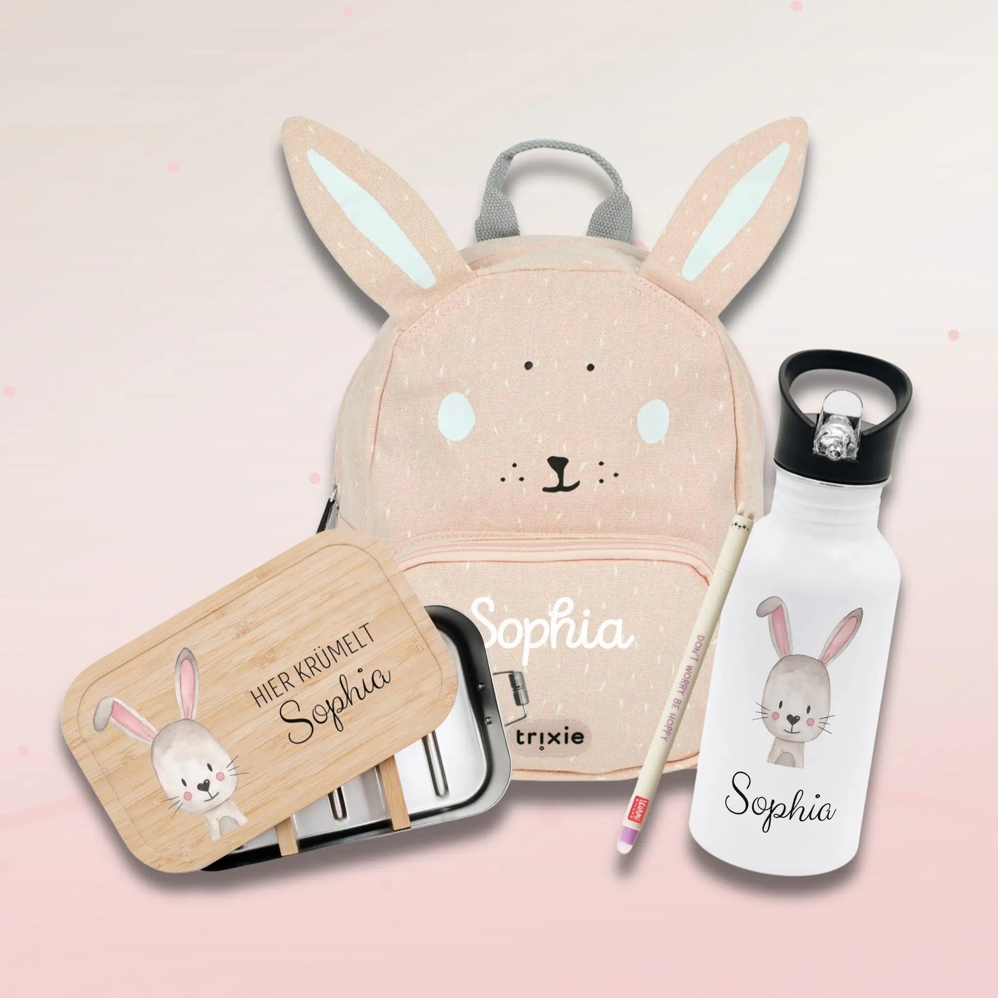 Starter - Geschenkset "Hase" personalisiert: Rucksack, Lunchbox, Flasche, Stift - wunderwunsch