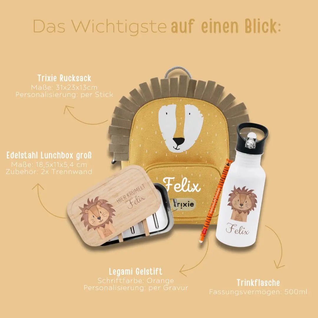 Starter - Geschenkset "Löwe" personalisiert: Rucksack, Lunchbox, Flasche, Stift - wunderwunsch