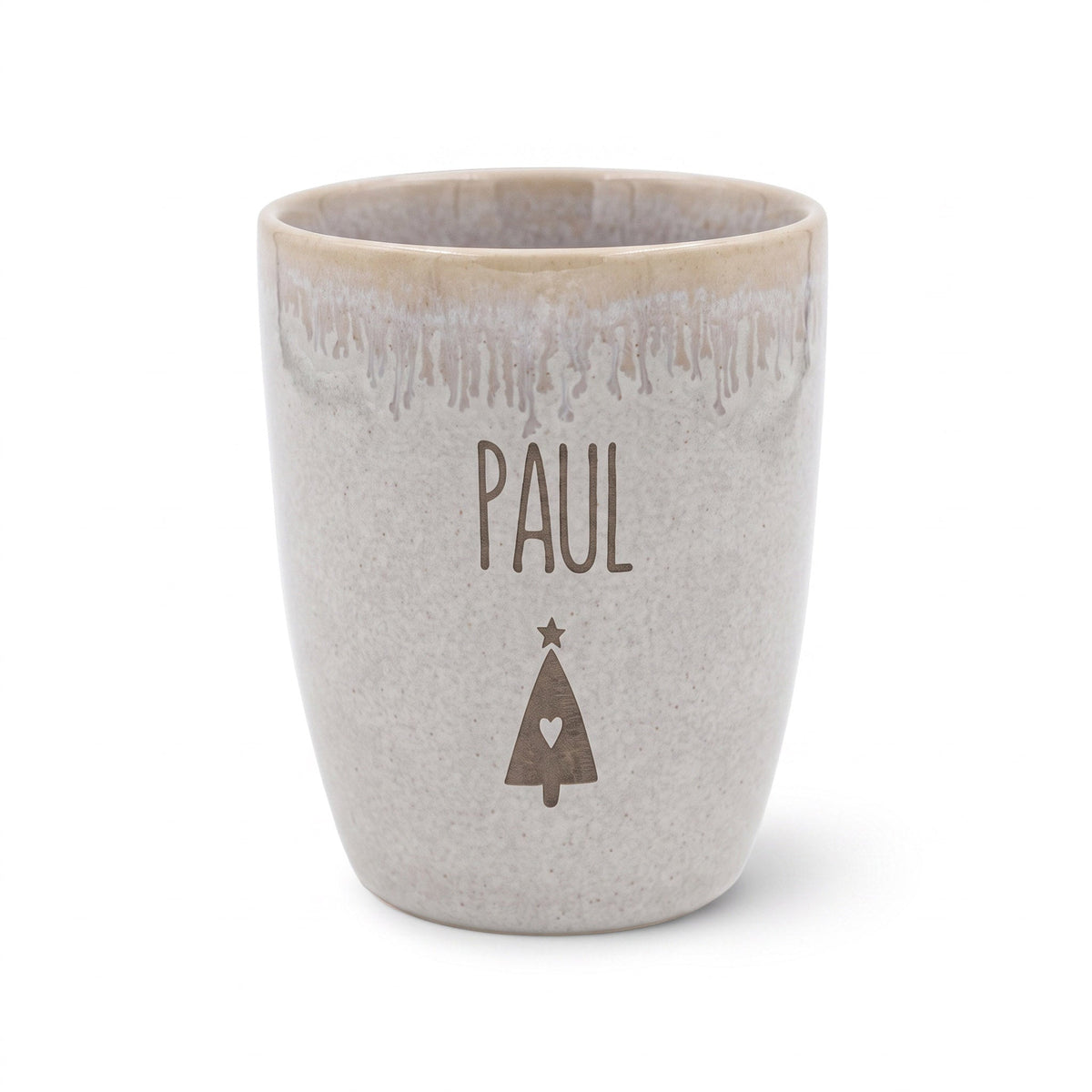 Steingut Becher sand personalisiert - Name Weihnachtsbaum - wunderwunsch