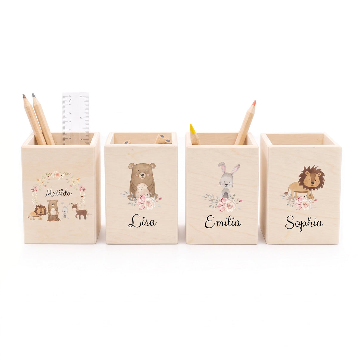 Stiftebecher Holz personalisiert - Blumen Tiere Aquarell - wunderwunsch