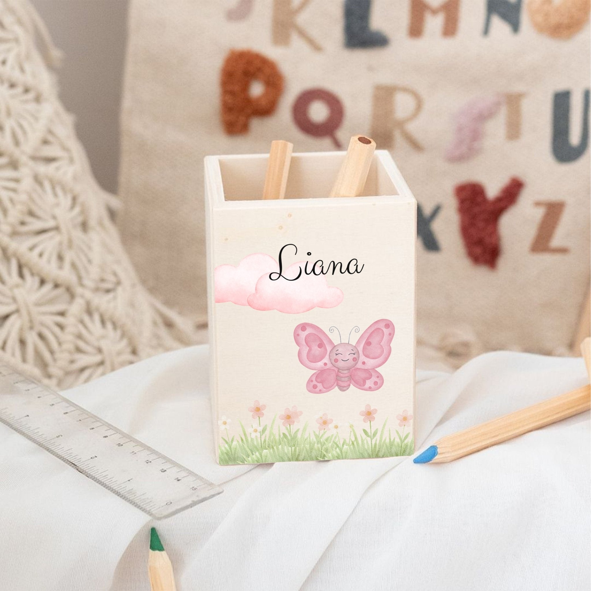 Stiftebecher Holz personalisiert - Ganzkörper Tier Aquarell - wunderwunsch