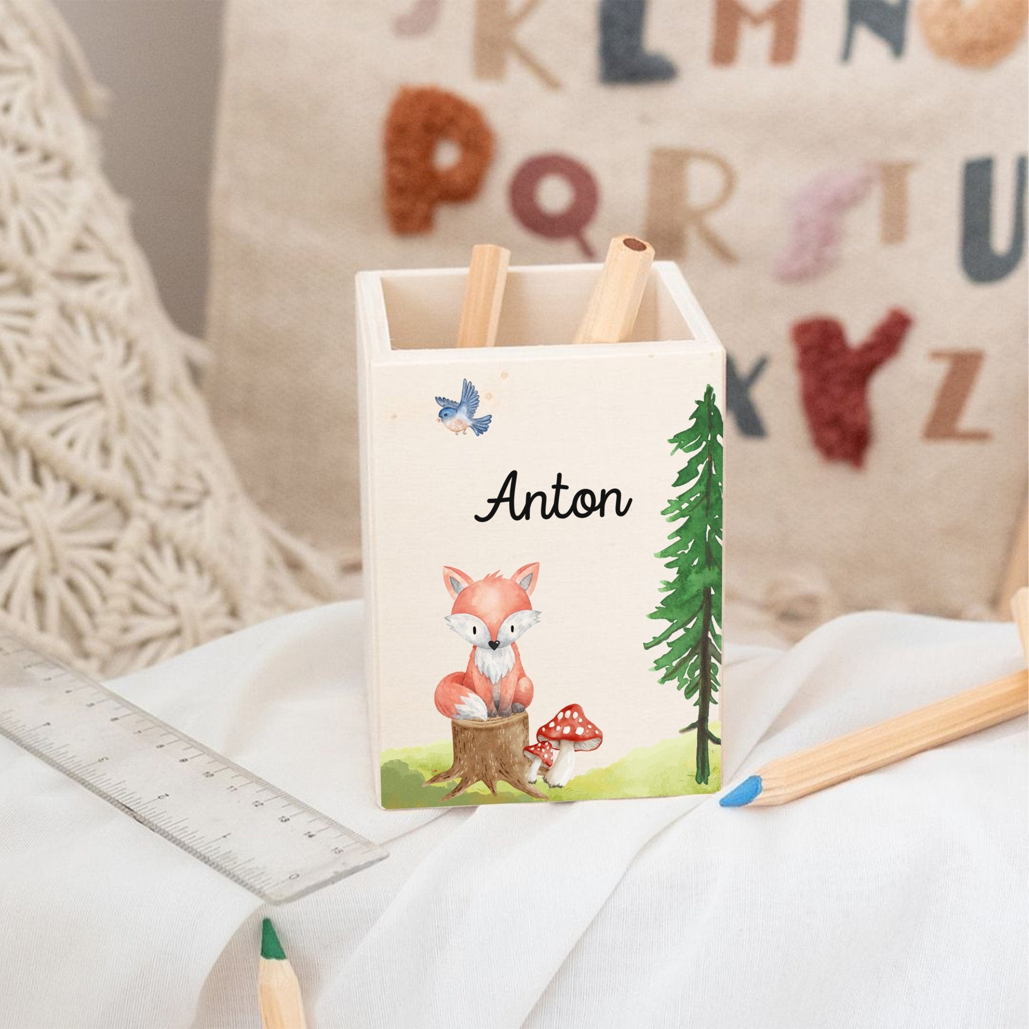 Stiftebecher Holz personalisiert - Ganzkörper Tier Aquarell - wunderwunsch