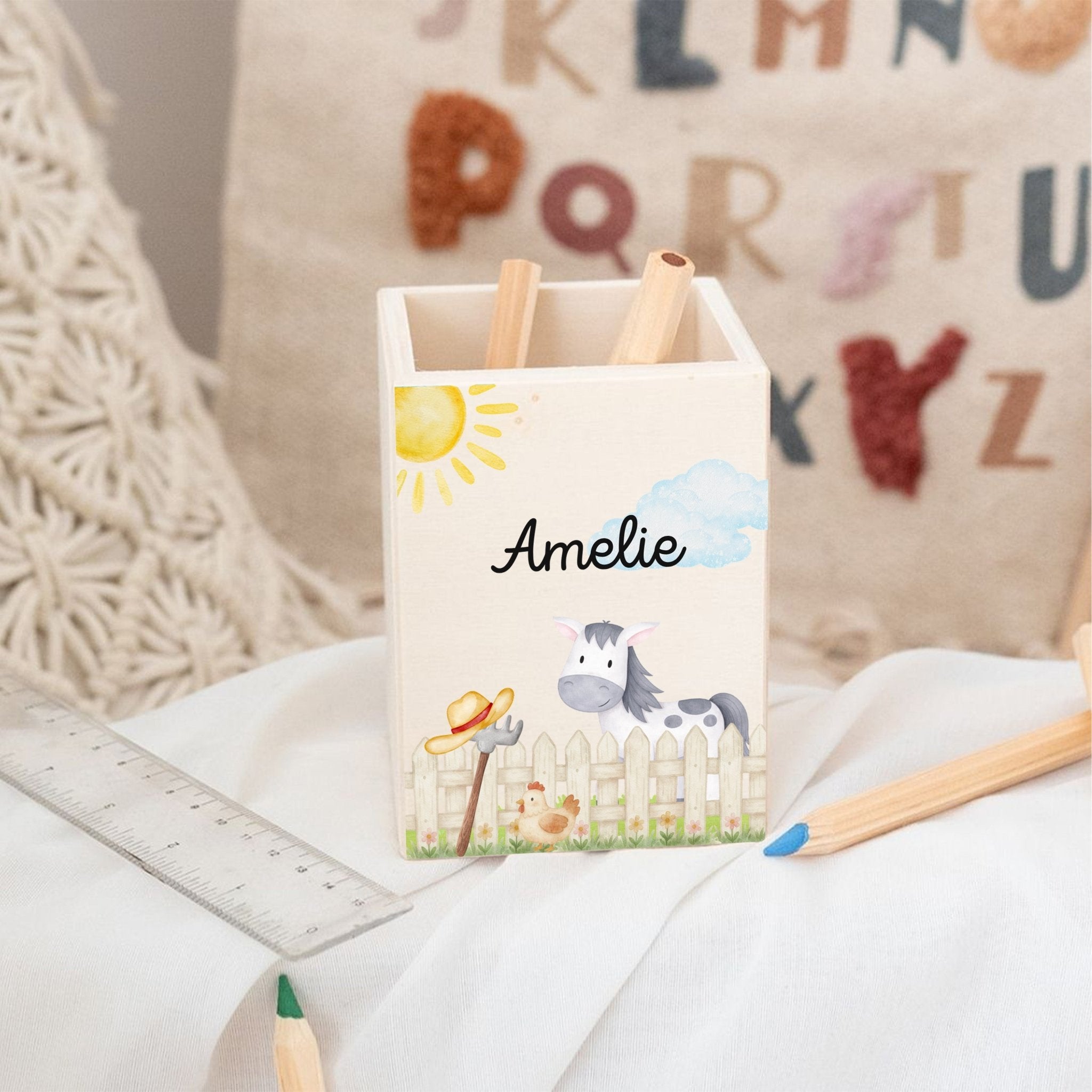 Stiftebecher Holz personalisiert - Ganzkörper Tier Aquarell - wunderwunsch